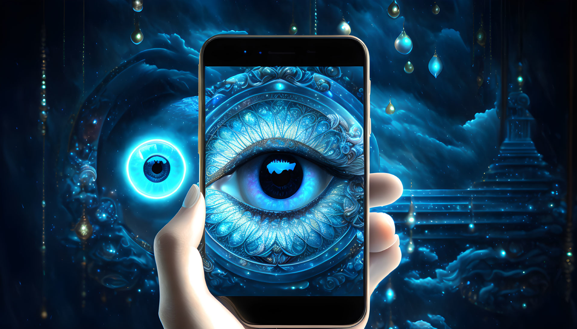 Detailed blue eye on smartphone matching cosmic background eye among glowing droplets.