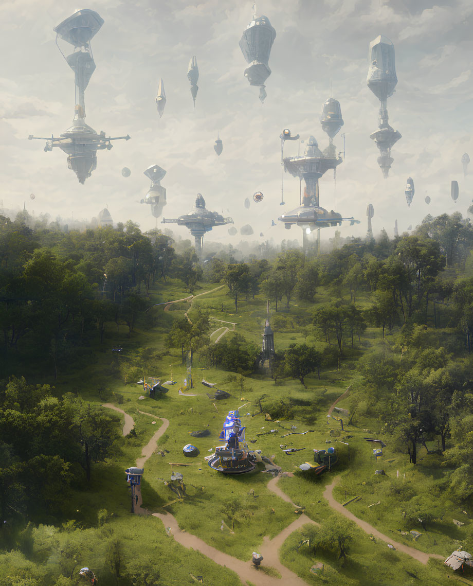 Futuristic landscape with floating structures above lush green park