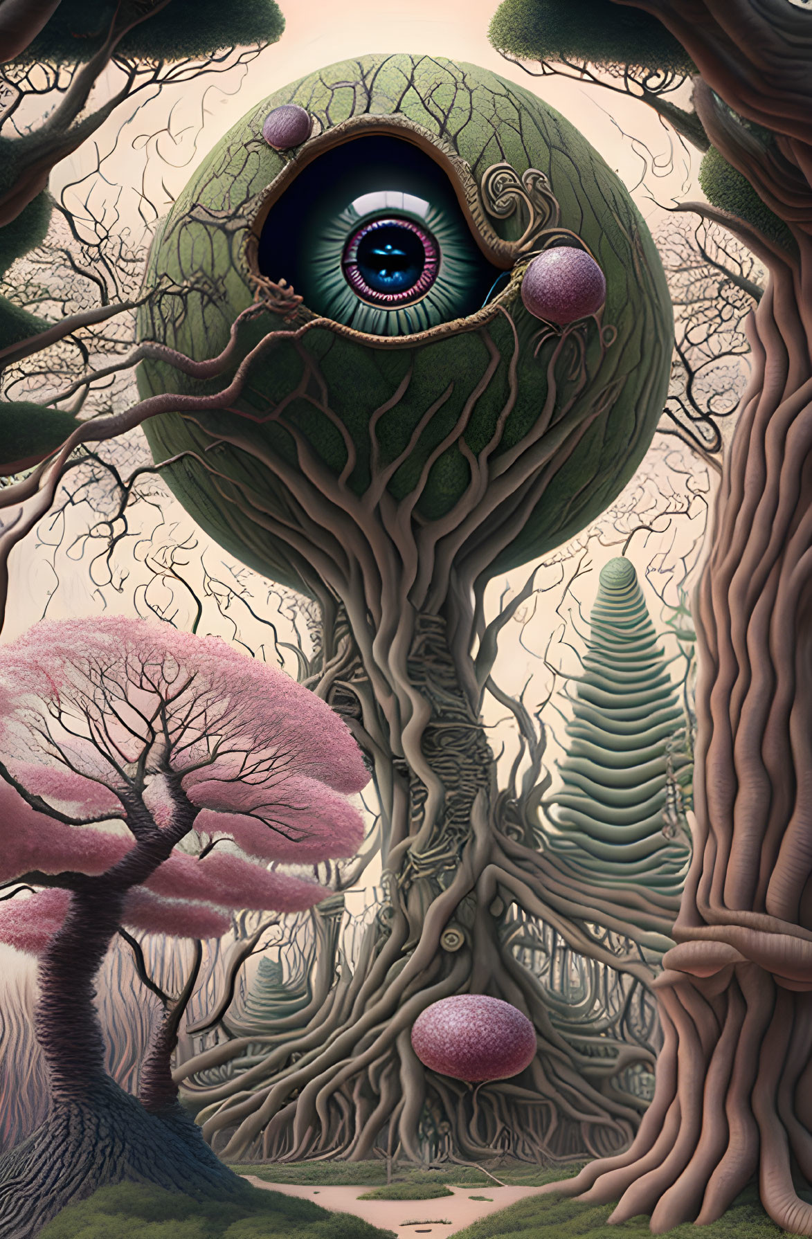 Surreal landscape with eye-shaped trees and pink foliage