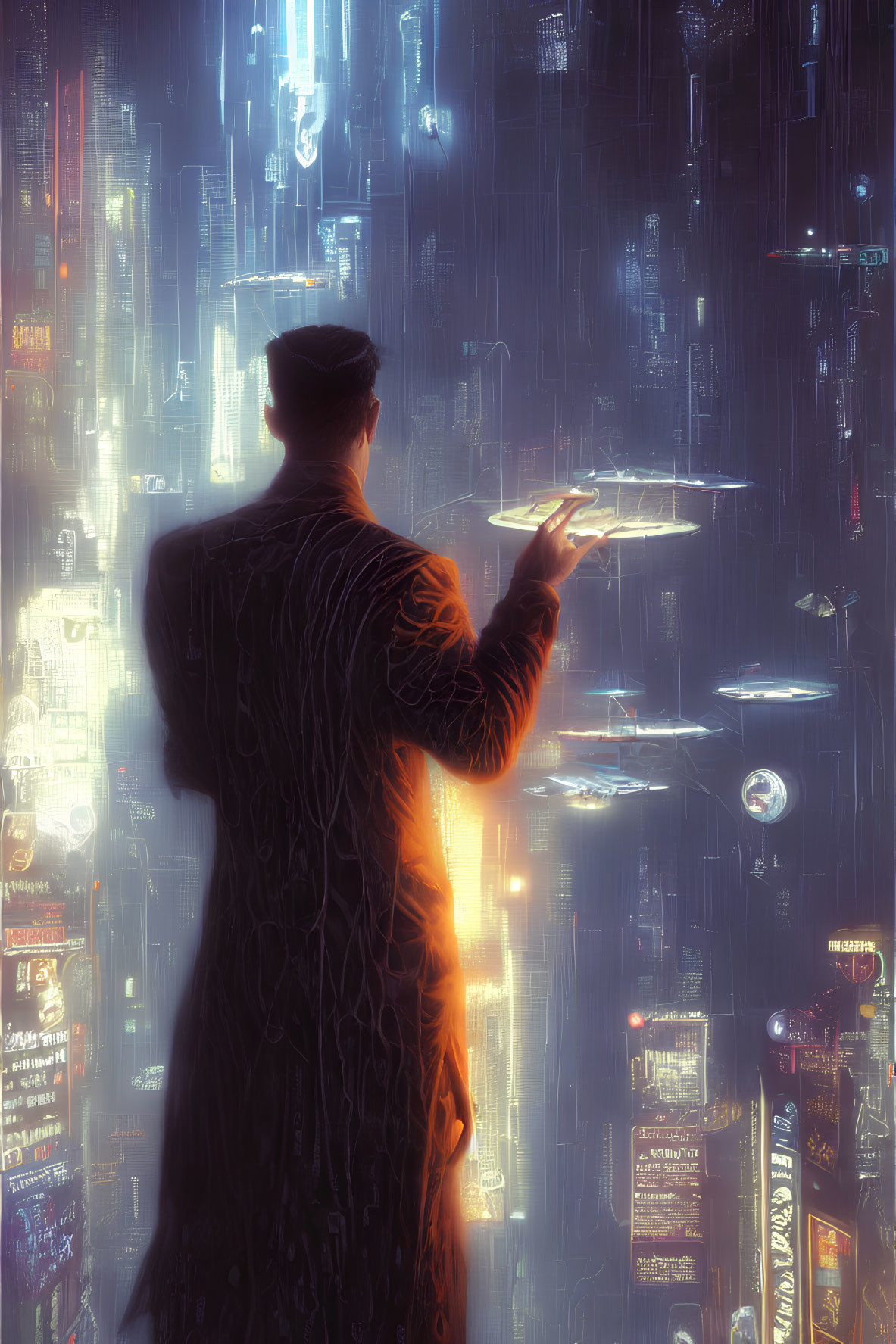 Person observing futuristic cityscape with neon lights and flying cars