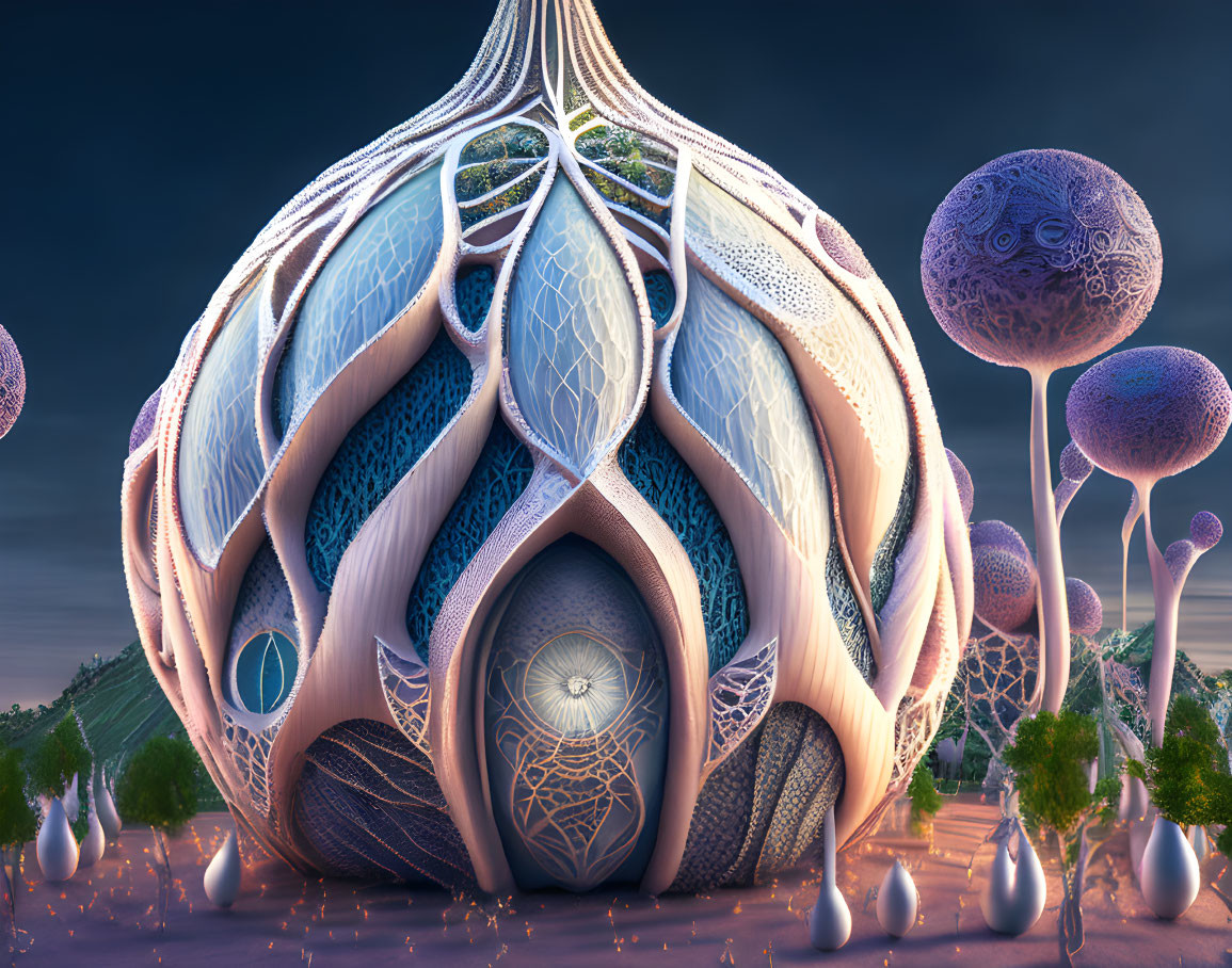 Intricate onion-dome structure in surreal landscape