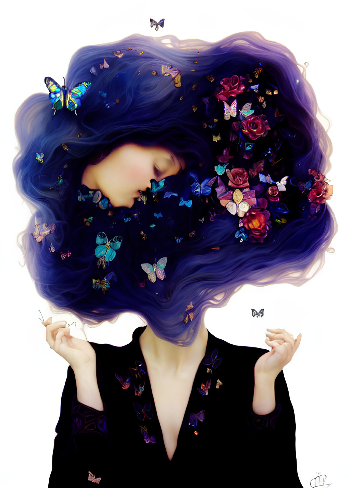 Illustration of person with blue hair, butterflies, and flowers