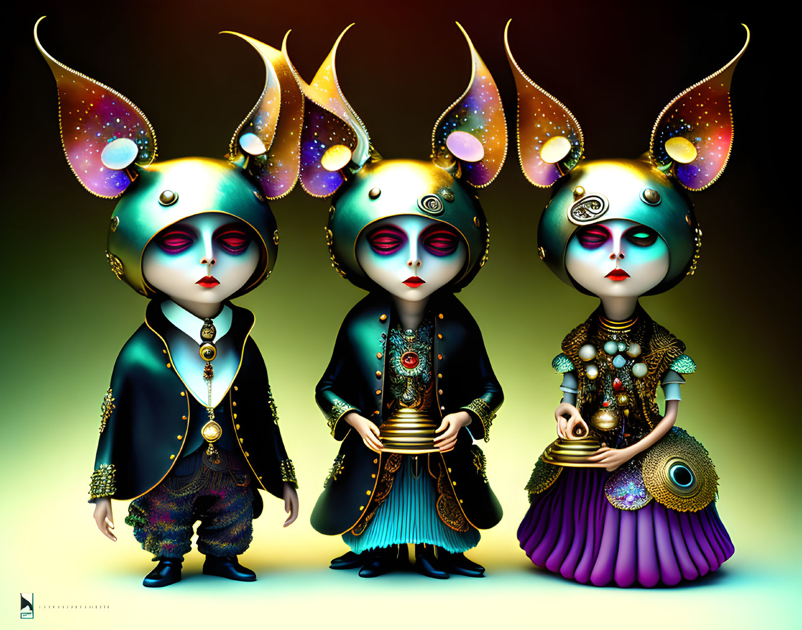 Surreal characters in ornate costumes with moon and planet headpieces