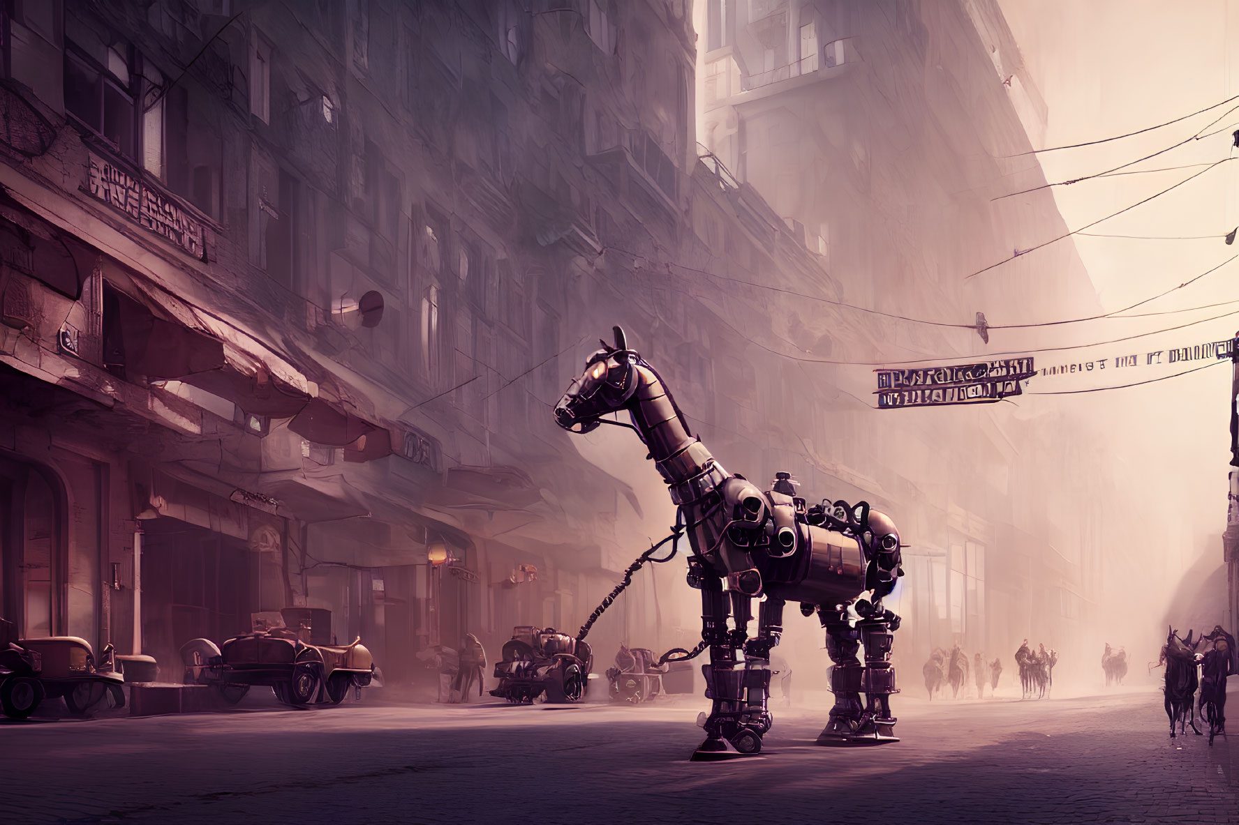 Mechanical quadruped robot with horse-like head in vintage city street.