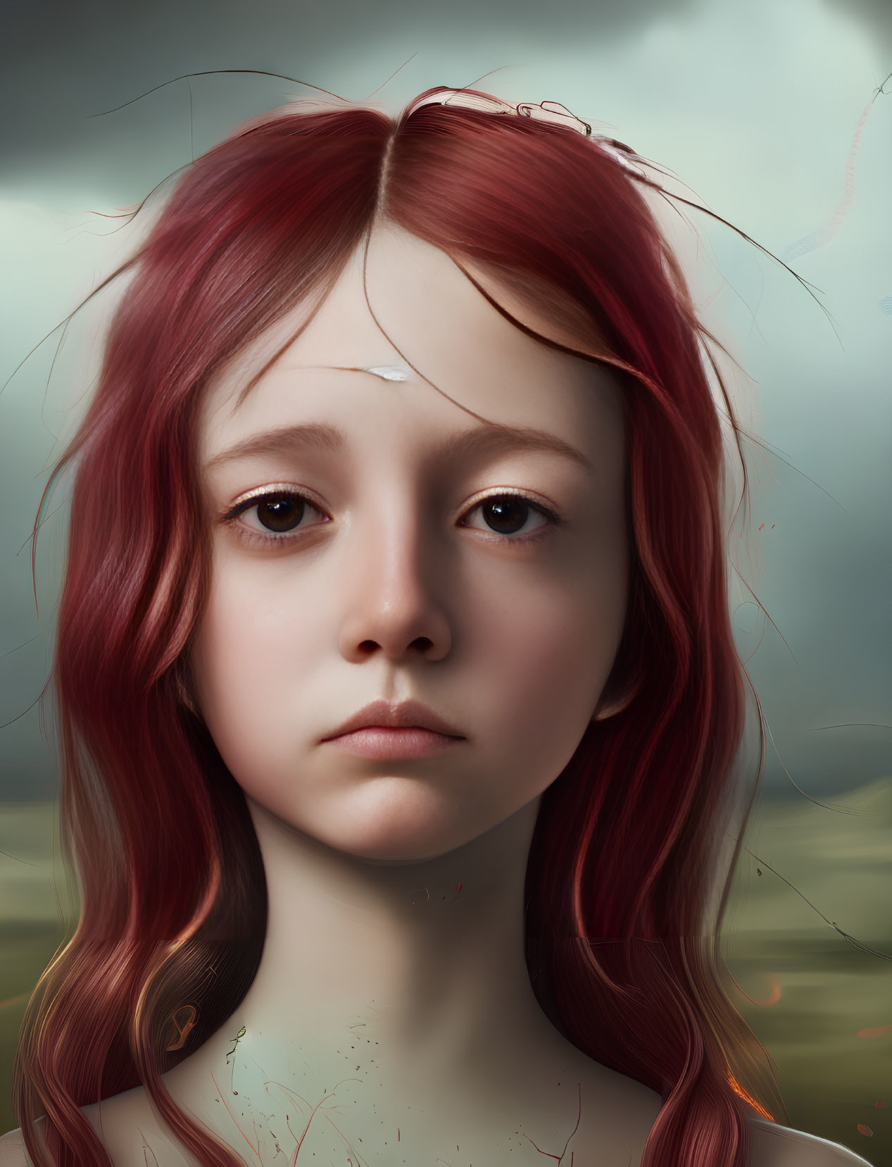 Young girl with red hair and sad eyes in digital portrait.