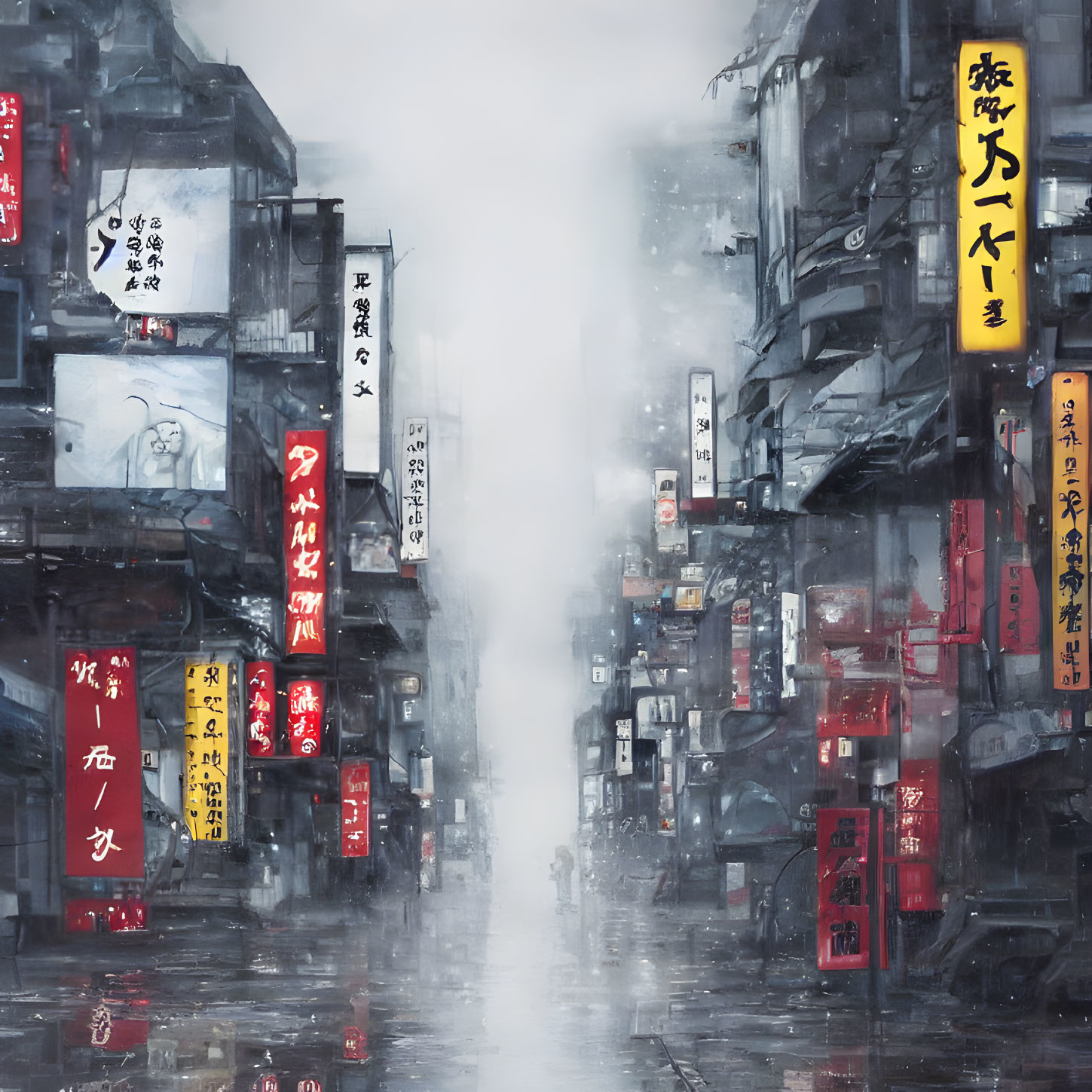 Foggy urban scene with neon signs in Asian script