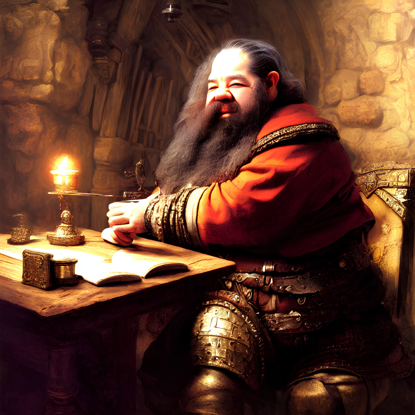 Bearded dwarf king at candle-lit stone chamber table with quill, book, and inkwell