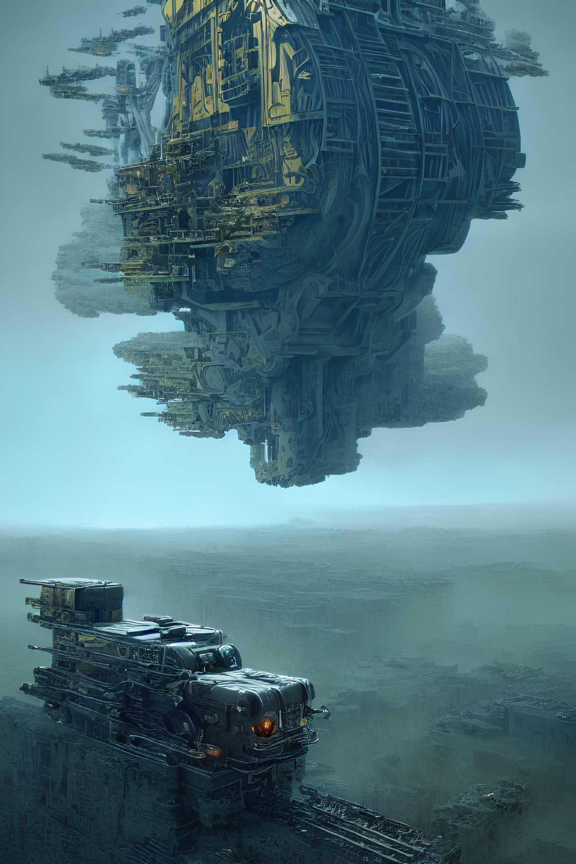 Futuristic floating city above desolate landscape with convoy of trucks