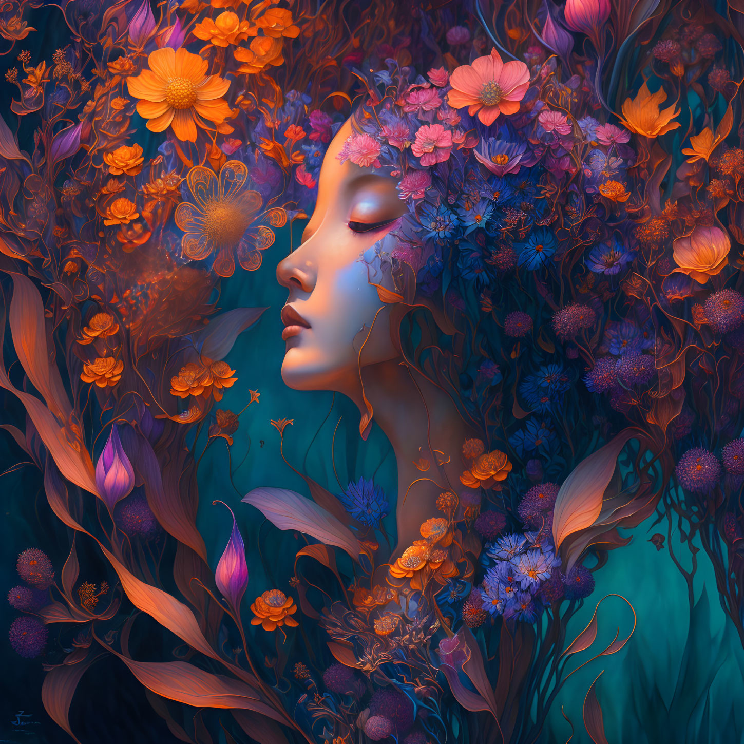 Ethereal woman with floral hair in blue and orange flowerscape