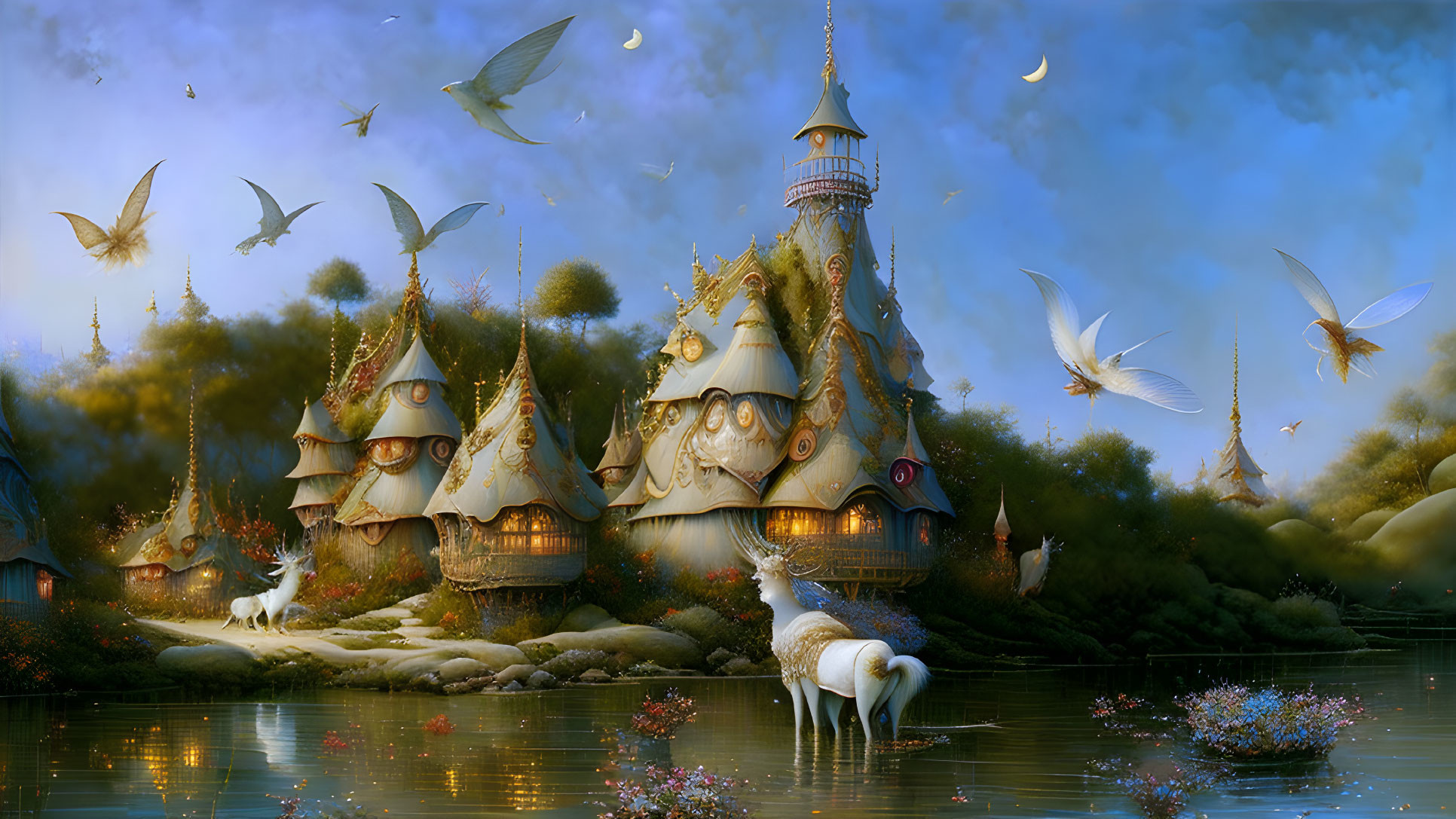 Whimsical Mushroom Houses and Unicorn in Fantasy Landscape