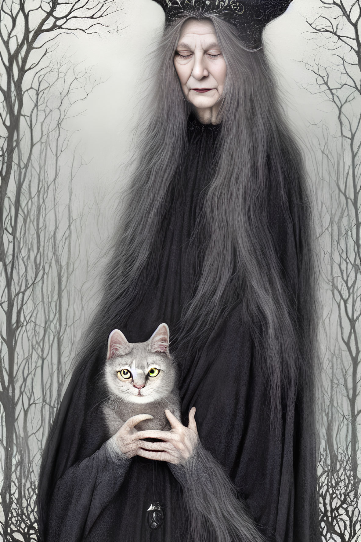 Elderly woman with long gray hair holding a cat in misty forest