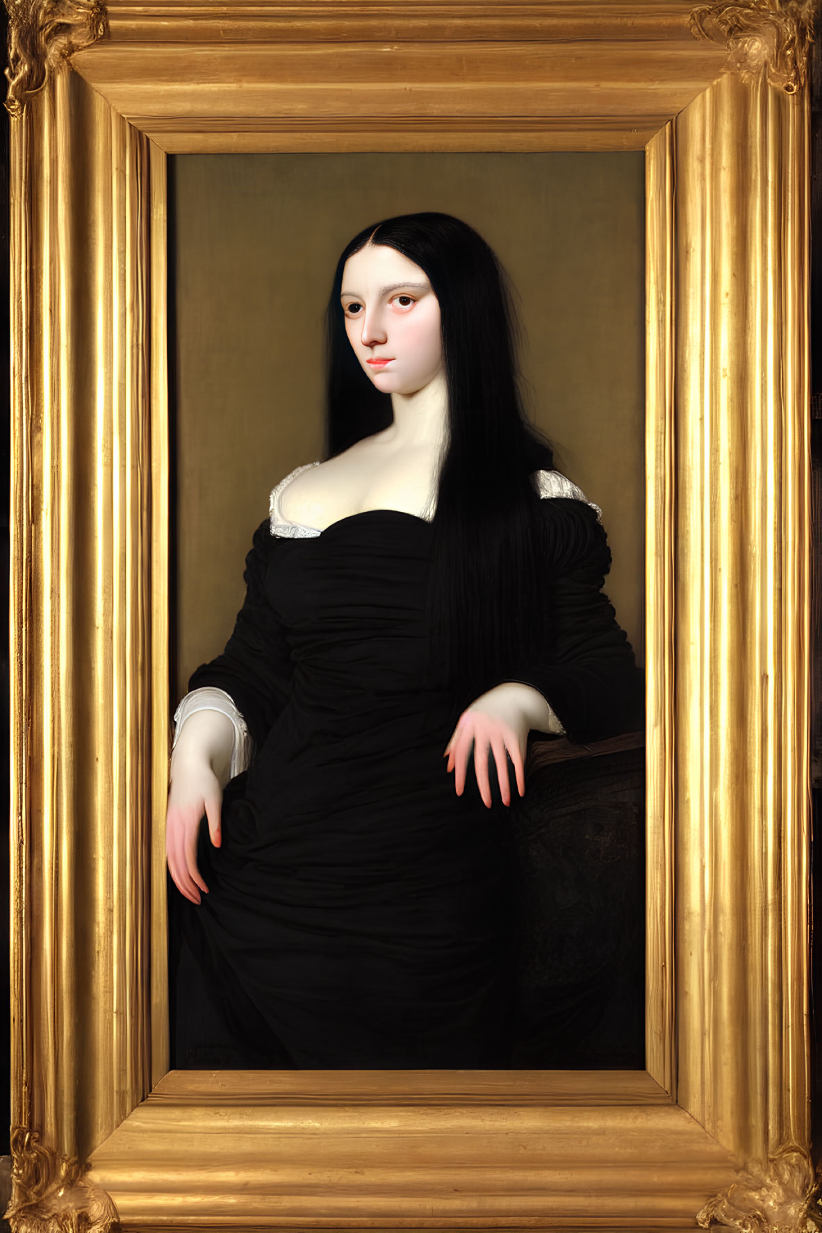 Young woman with long dark hair in black gown framed in gold