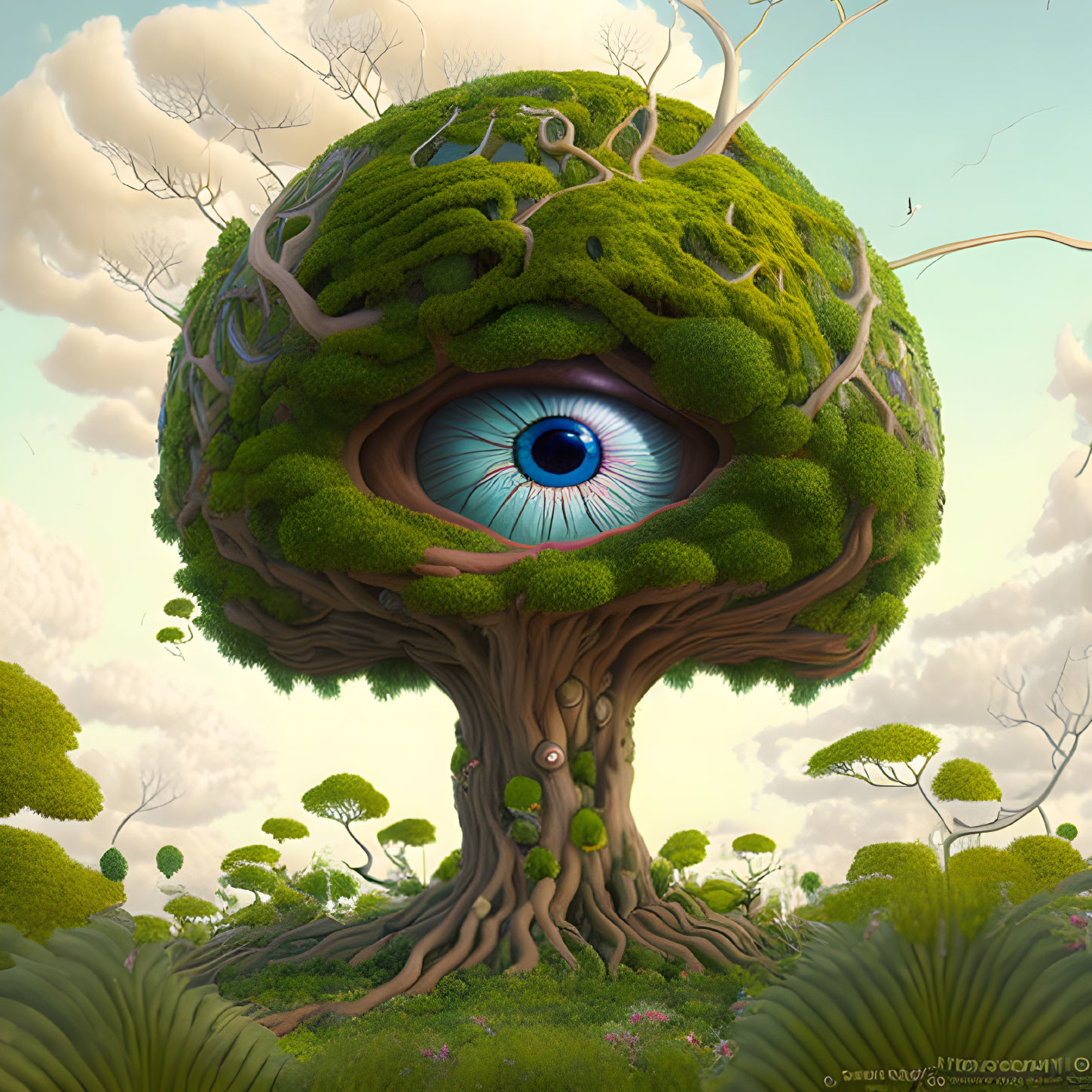 Surreal image of tree with human eye, lush greenery & clear sky