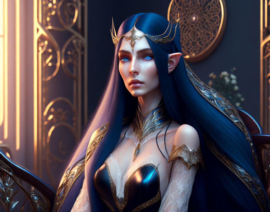 Blue-skinned fantasy character with pointed ears and golden crown in luxurious setting