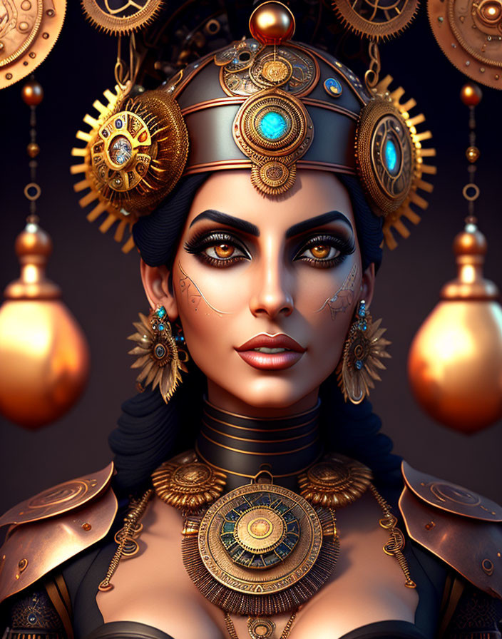 Steampunk-style digital artwork of a woman with elaborate jewelry