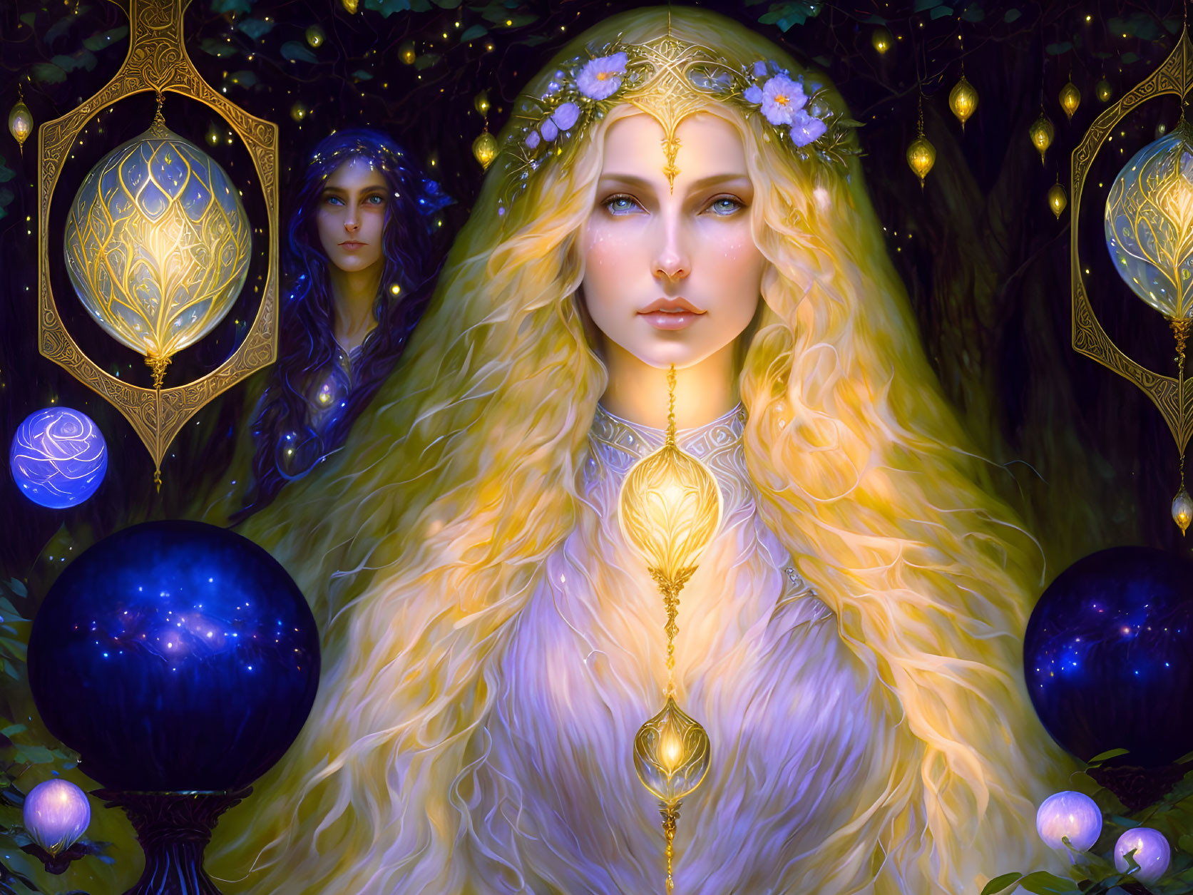 Illustration of woman with blonde hair in mystical forest scene