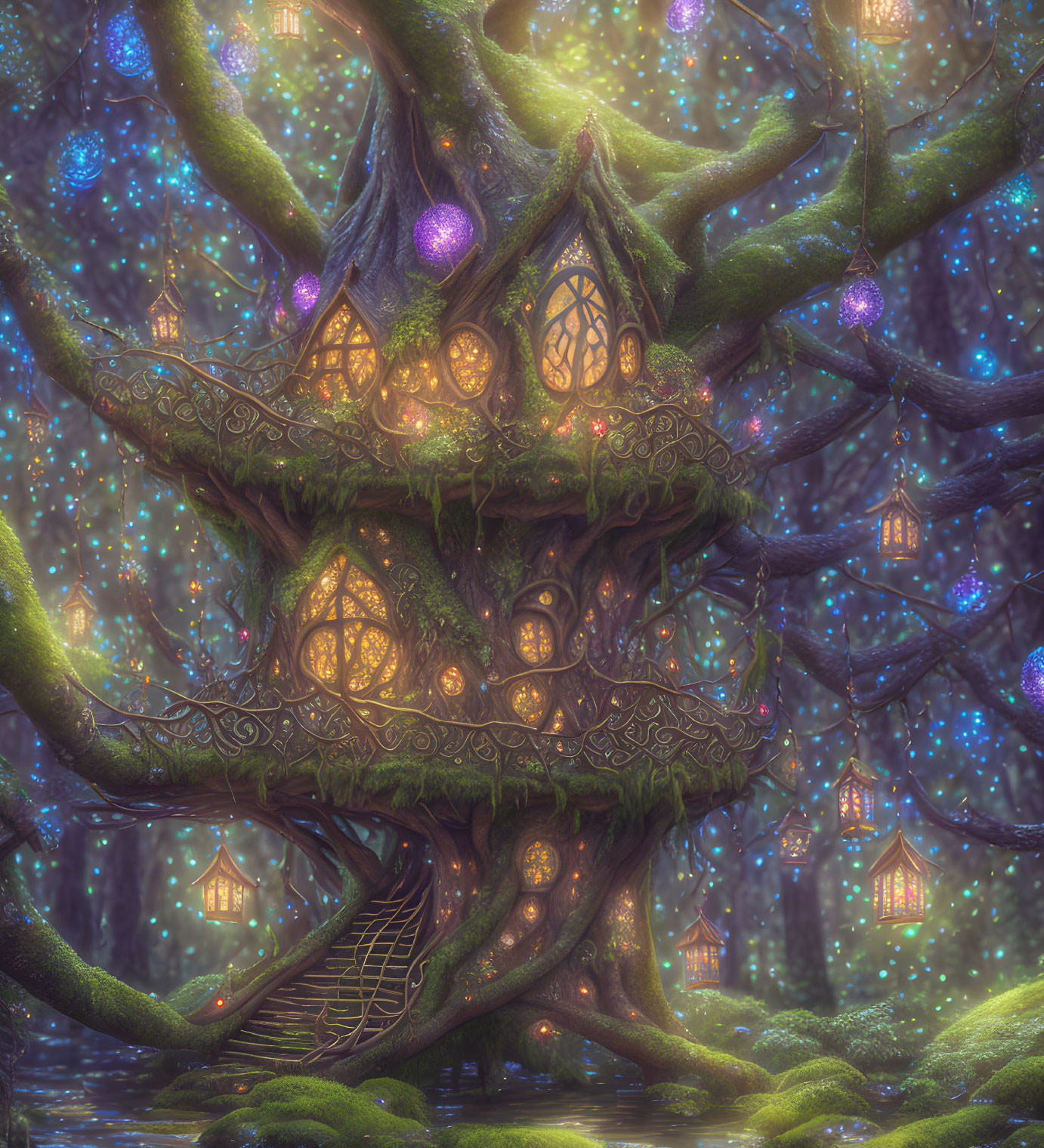 Enchanting treehouse illuminated by orbs in magical forest