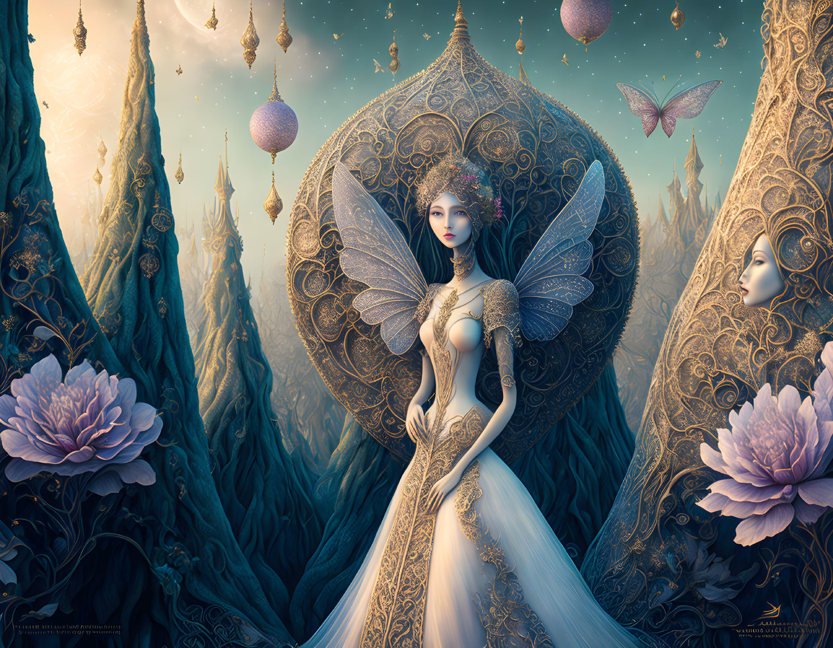 Ethereal fairy in ornate dress among towering trees and oversized flowers