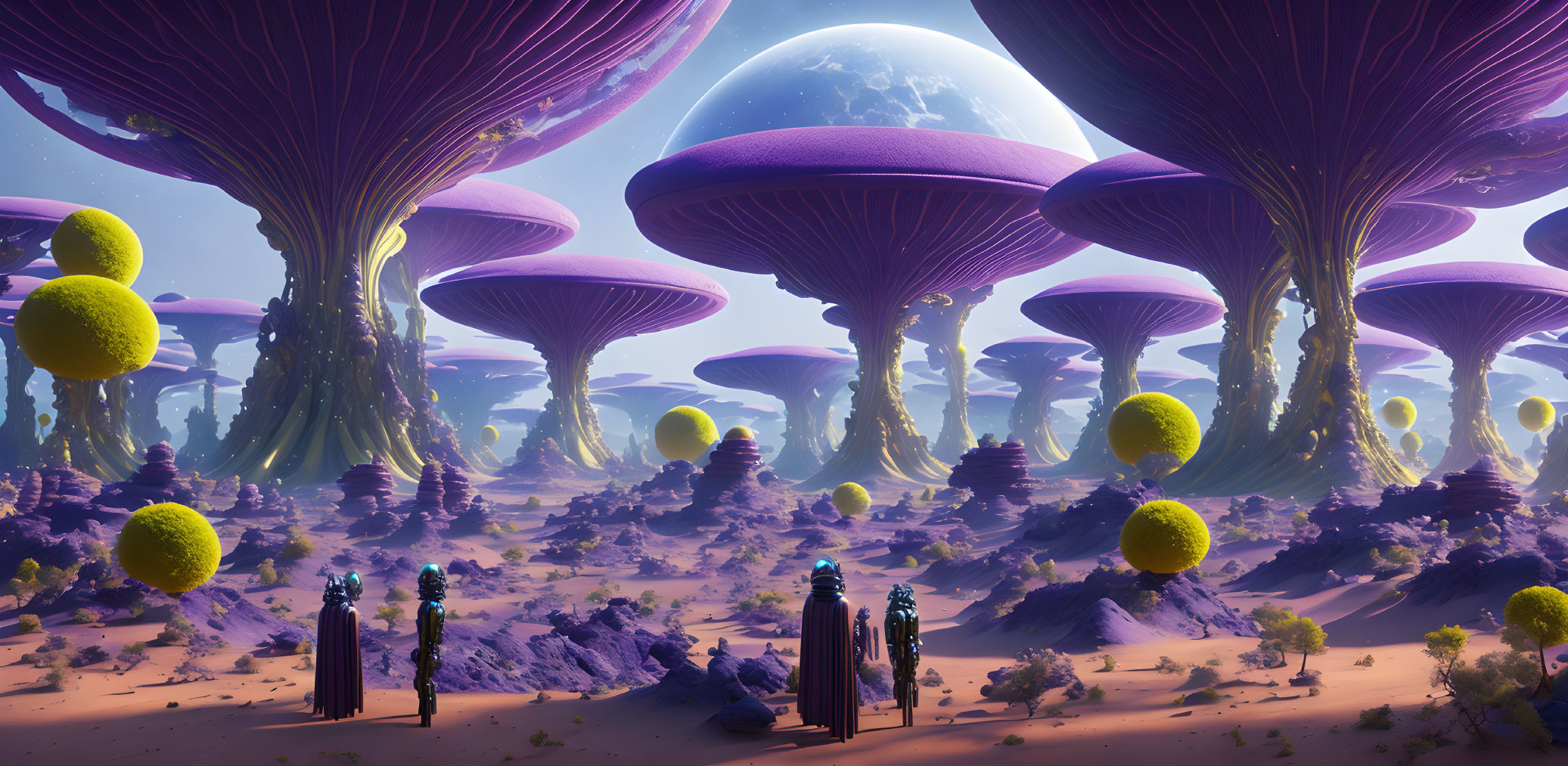 Surreal alien landscape with purple mushrooms, yellow plants, humanoid figures