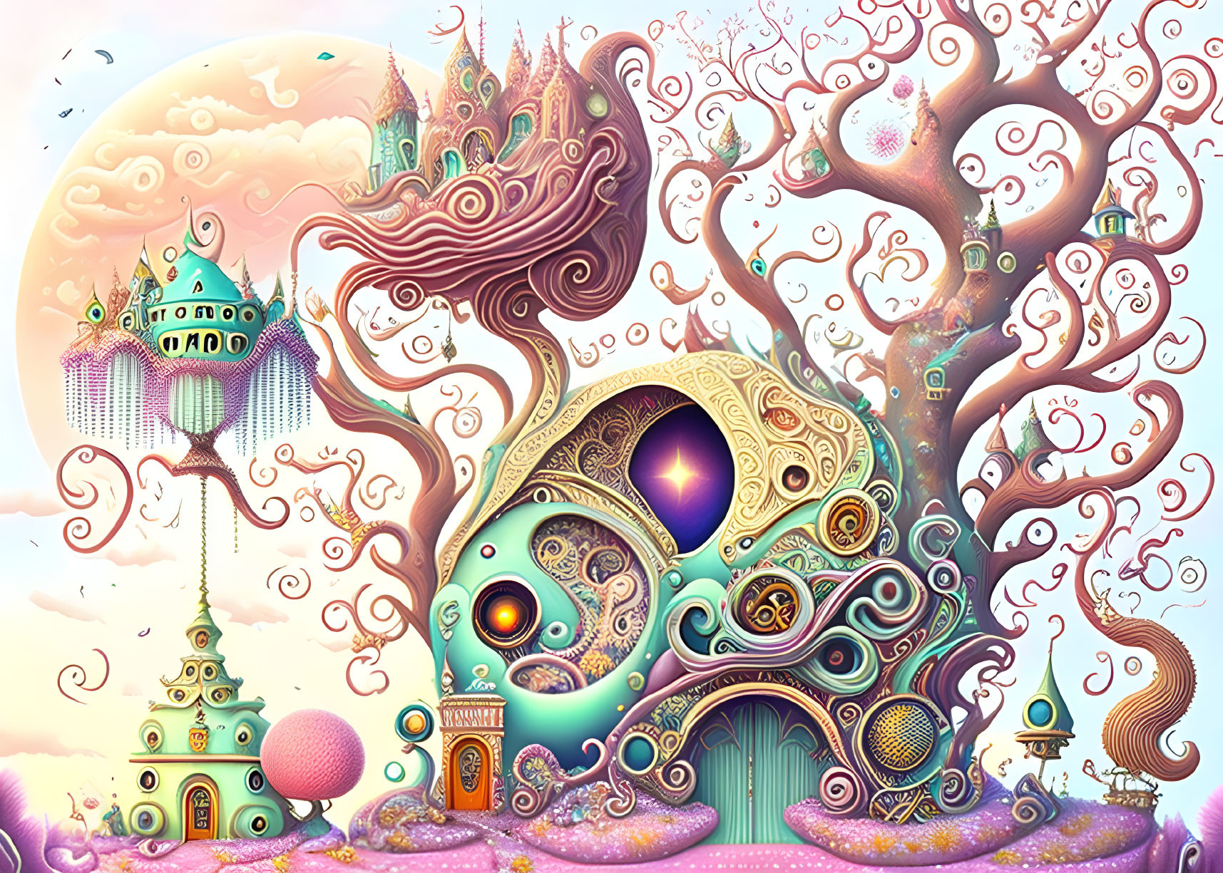 Colorful surreal illustration: whimsical buildings, organic shapes, sunset sky, large moon