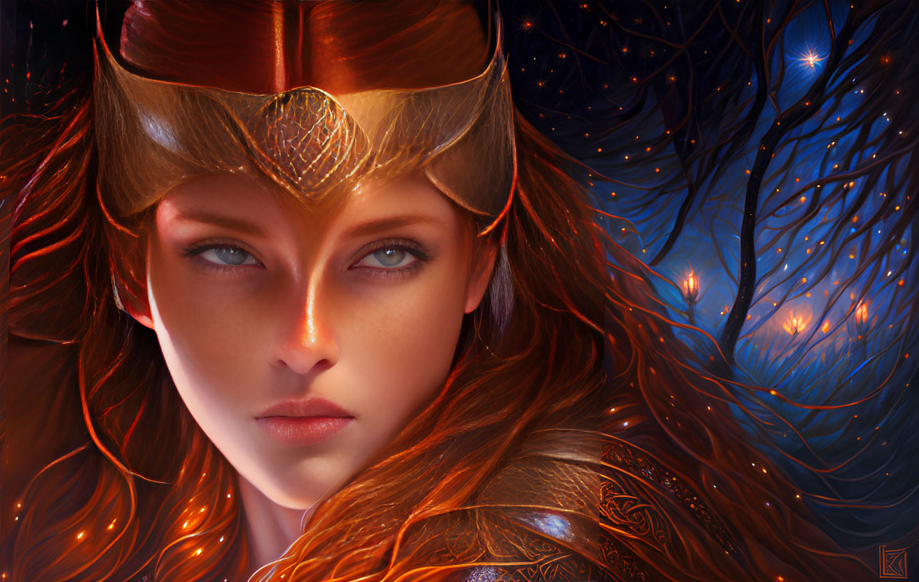 Detailed Illustration: Woman with Red Hair, Golden Crown, Mystical Background