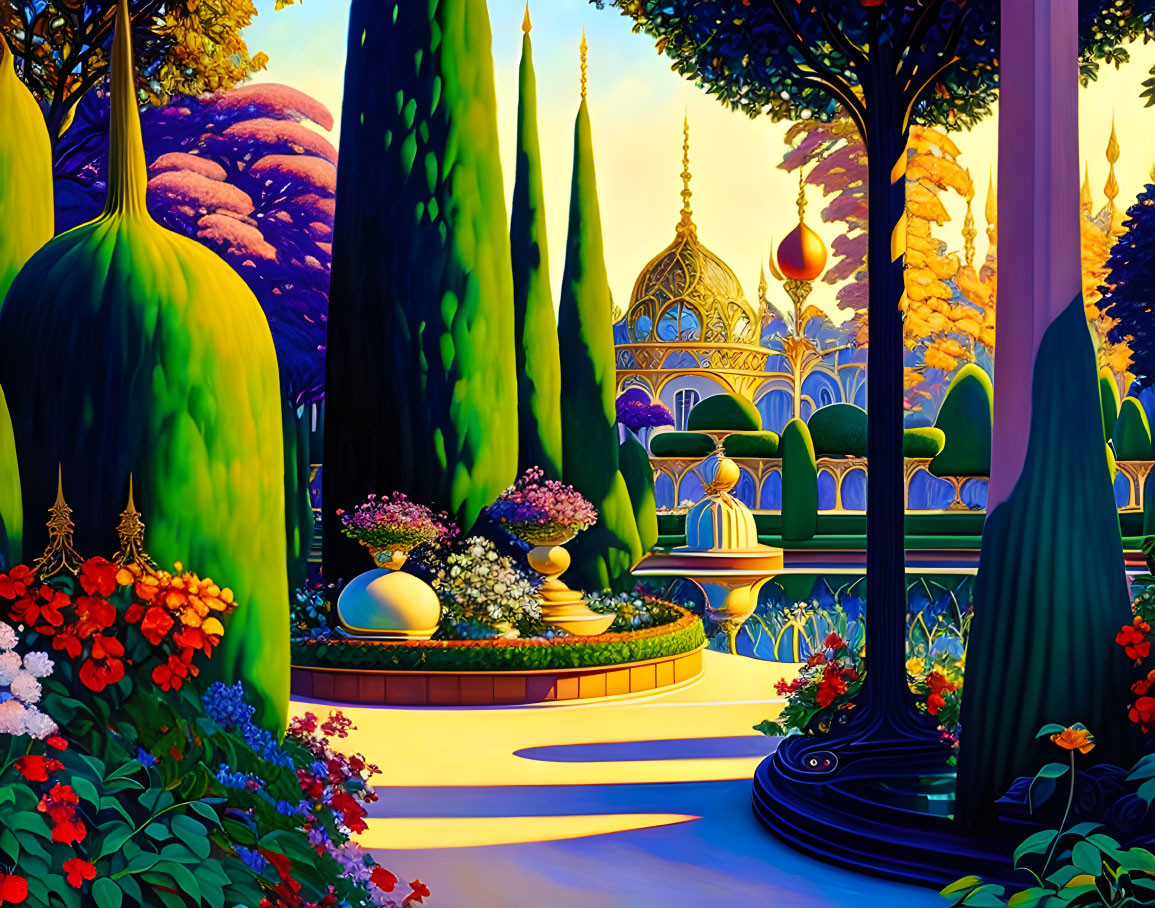 Colorful garden scene with trees, flowers, and golden pavilion at sunset