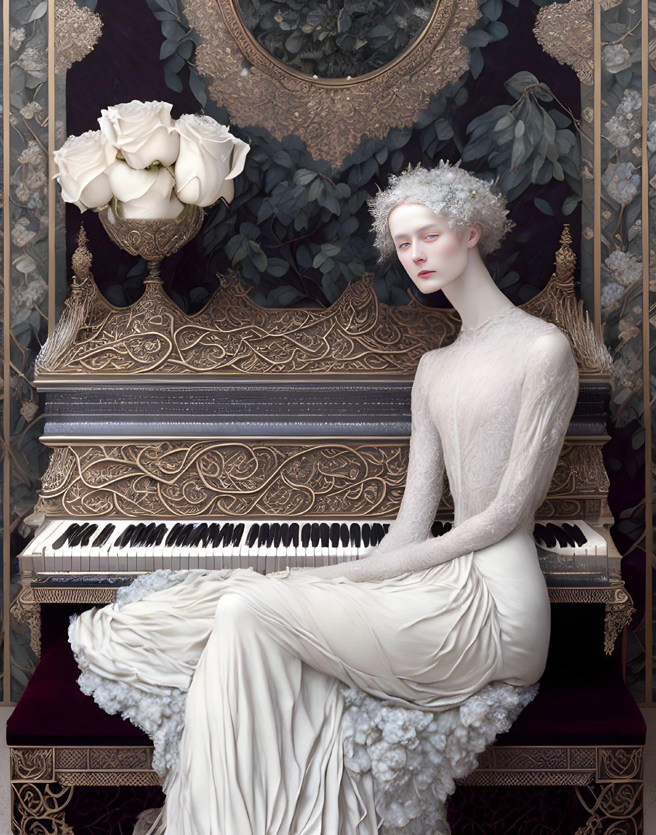 Pale figure in flowing gown plays piano with white roses.