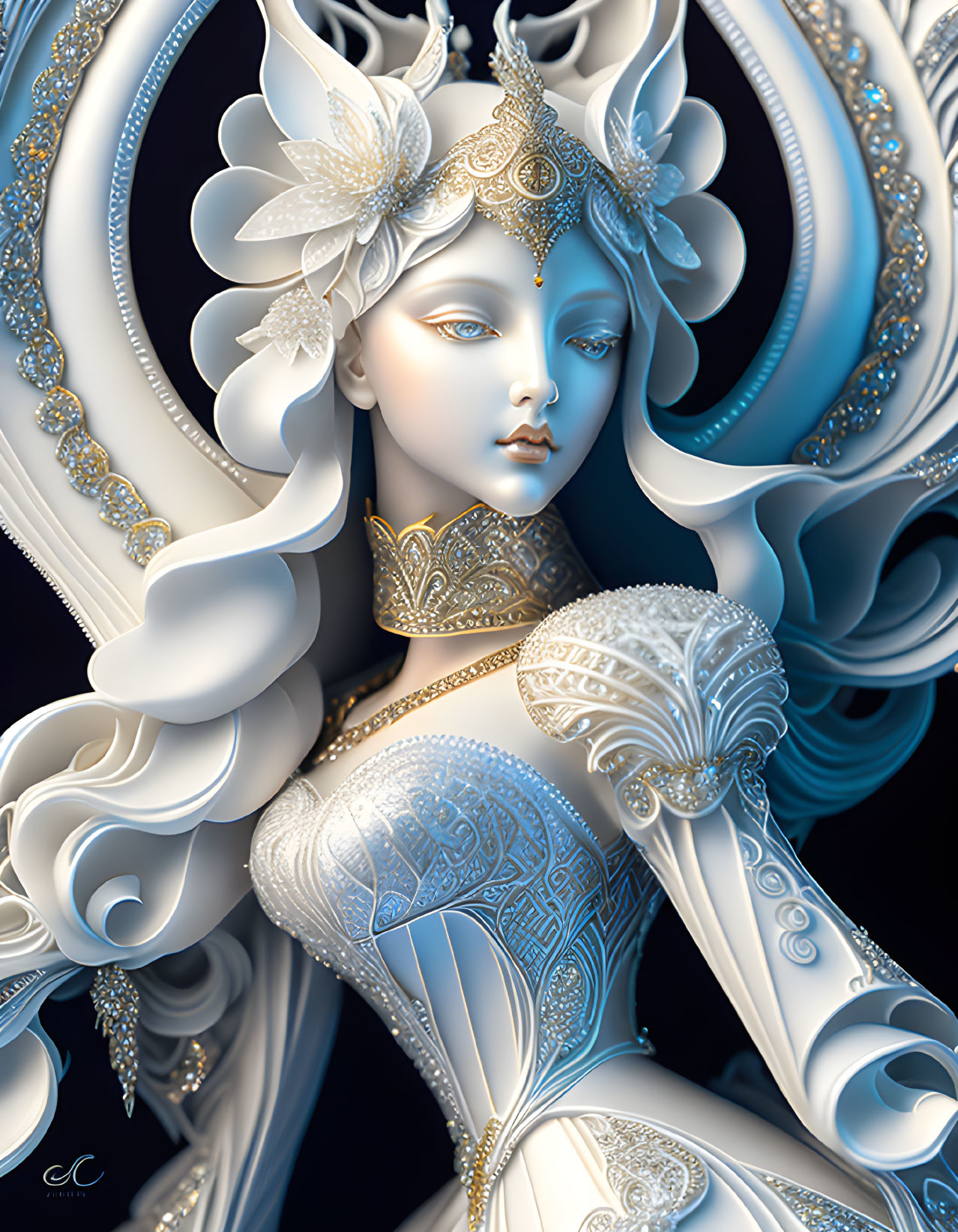 Detailed digital artwork: Female figure in ornate white and gold attire.