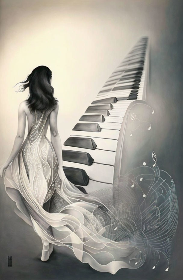 Monochromatic artwork featuring woman, piano keyboard steps, and swirling musical notes