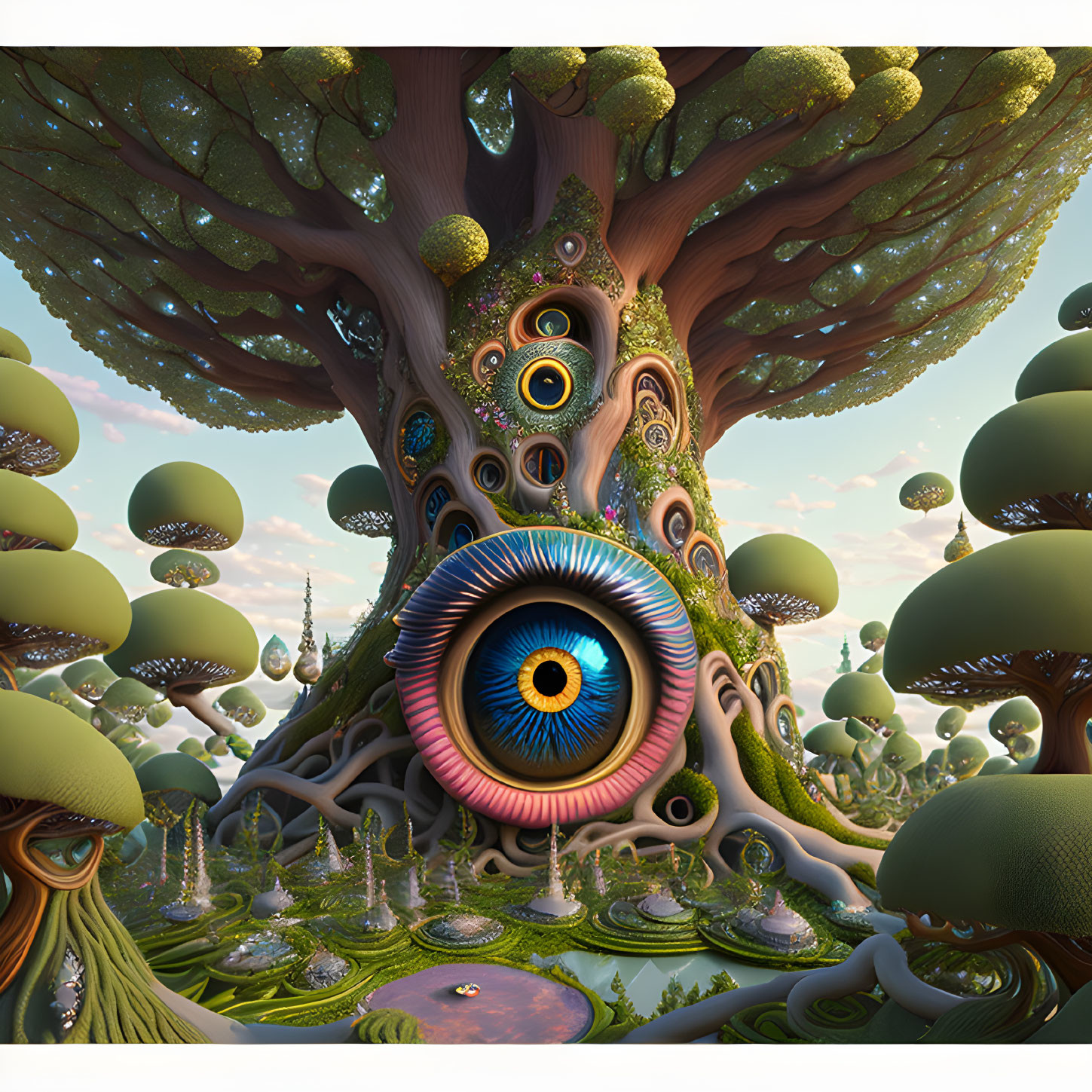 Fantastical tree with eye-like patterns in surreal landscape