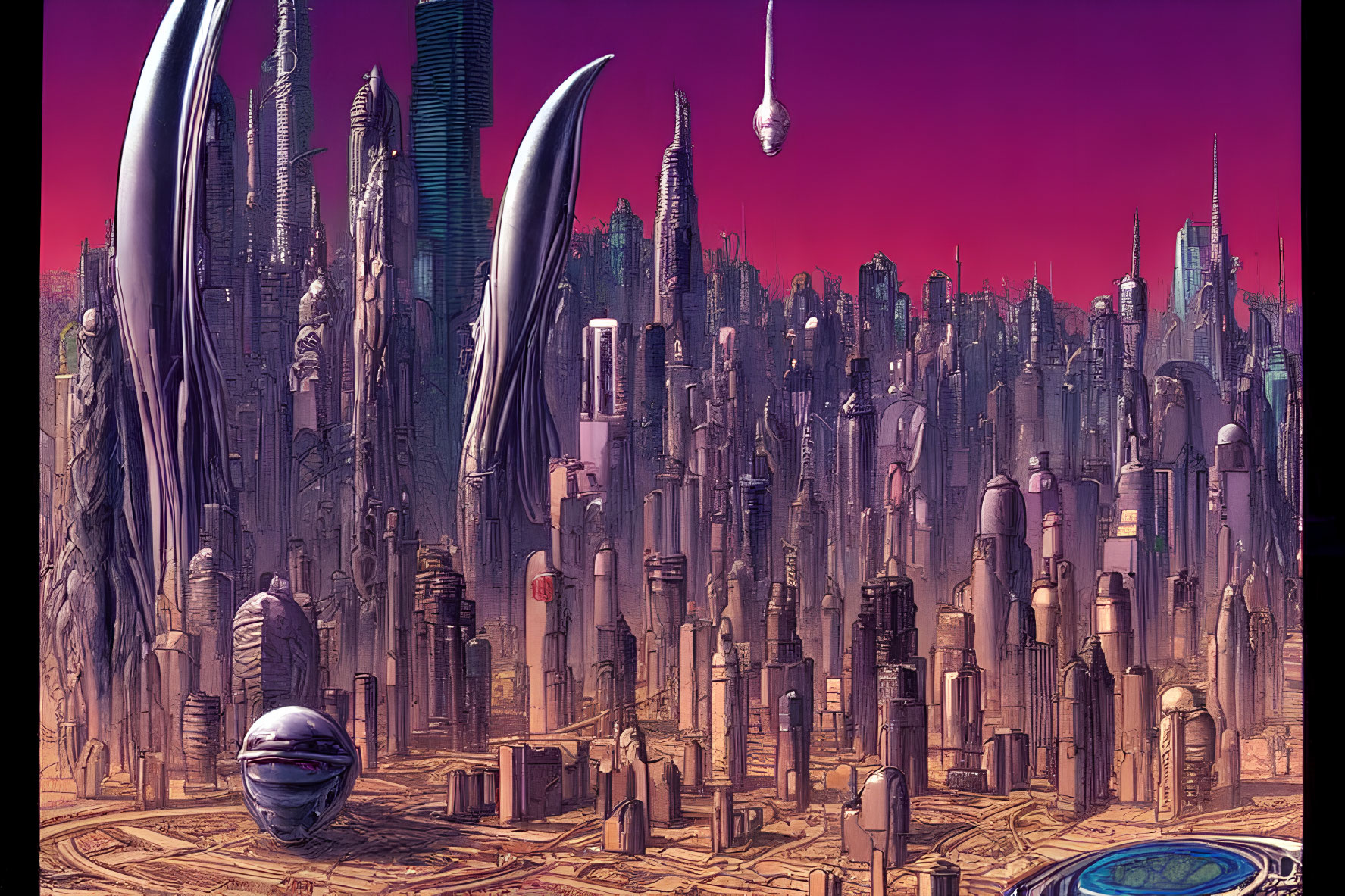 Futuristic cityscape with sleek skyscrapers and flying vehicles