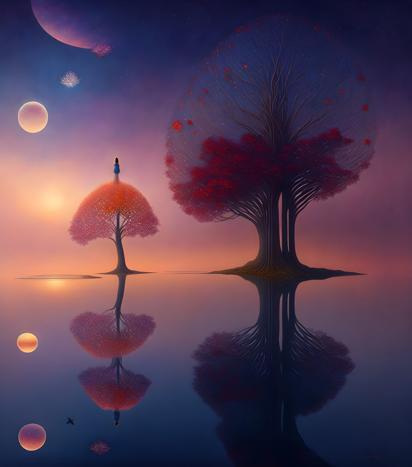 Surreal landscape with person on tree, mirror-like water, moons, bird, twilight sky