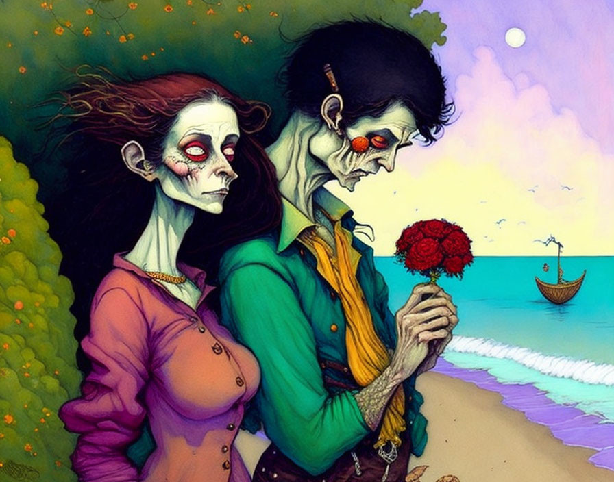 Stylized zombie figures with flowers on vibrant beach backdrop