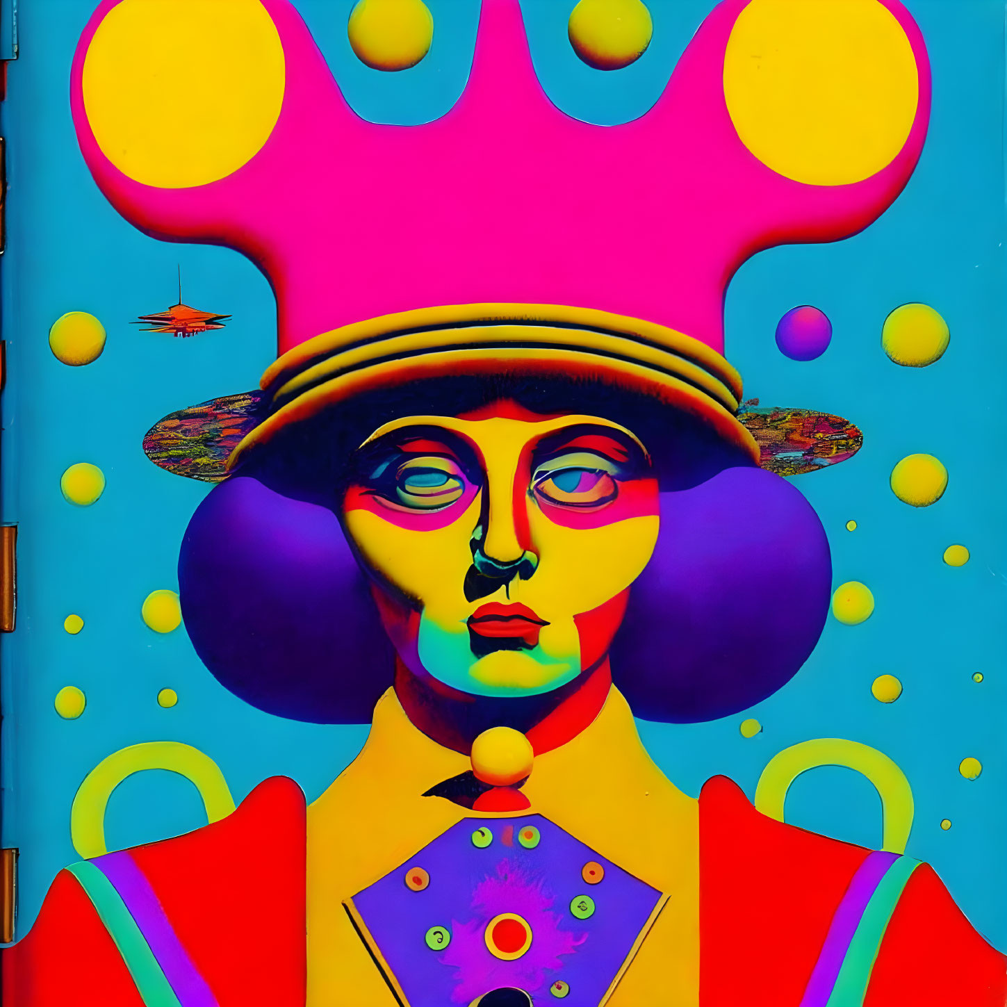 Colorful Street Art Mural Featuring Crowned Figure and Circular Motifs