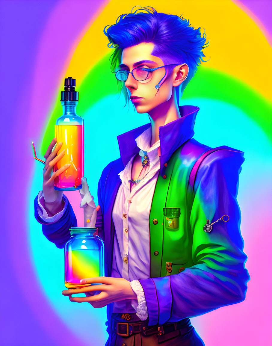 Colorful illustration of person with blue hair and glasses holding glowing potion and jar on neon rainbow backdrop