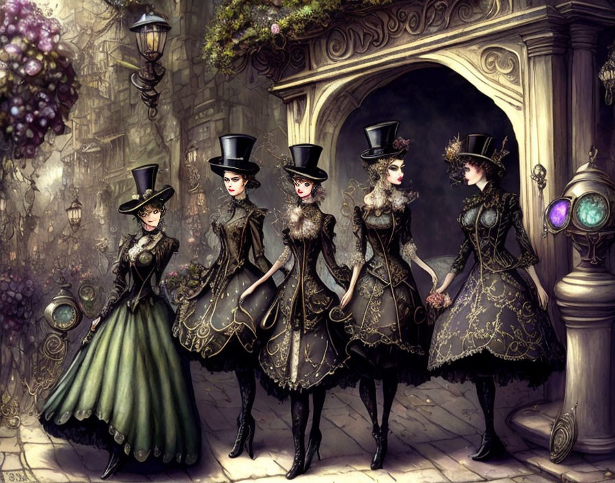 Five Women in Victorian Attire and Top Hats in Gothic Fantasy Setting