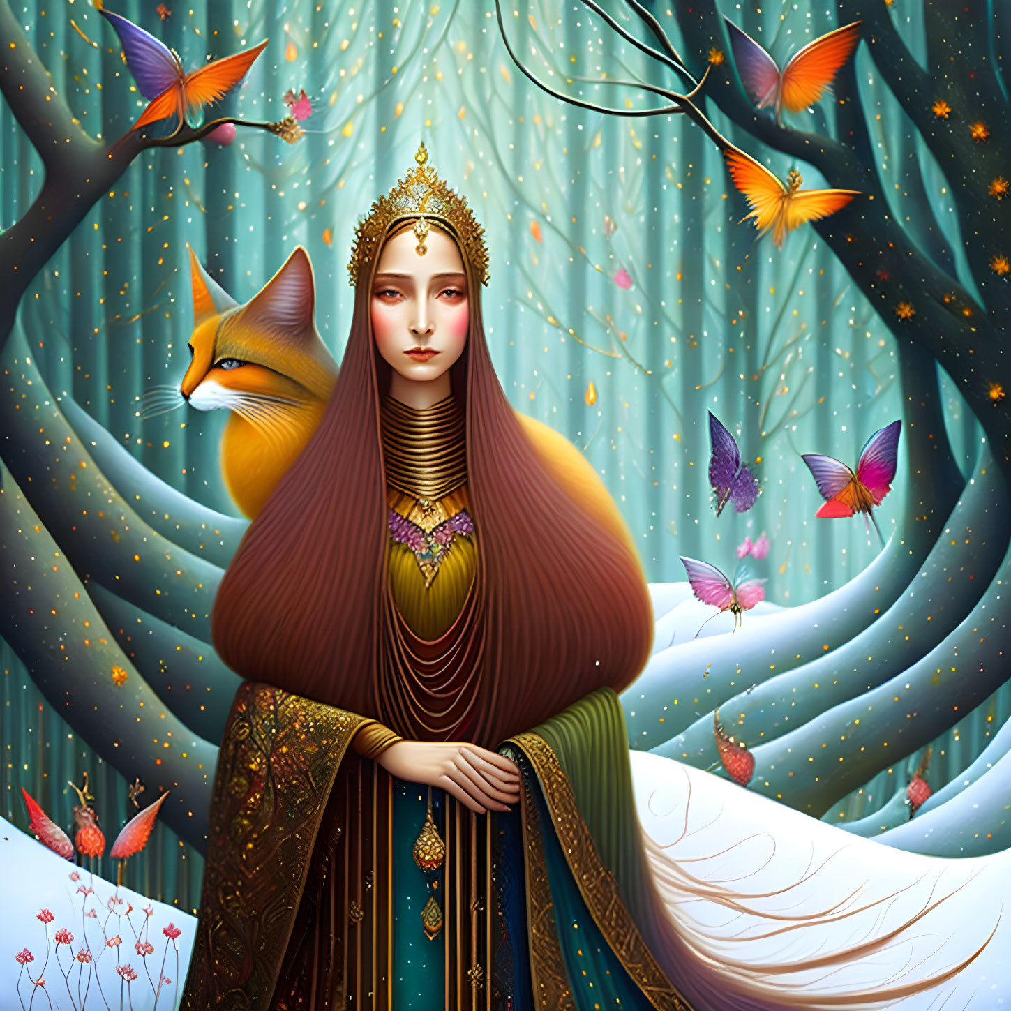 Fantastical woman with golden crown surrounded by animals in enchanted forest