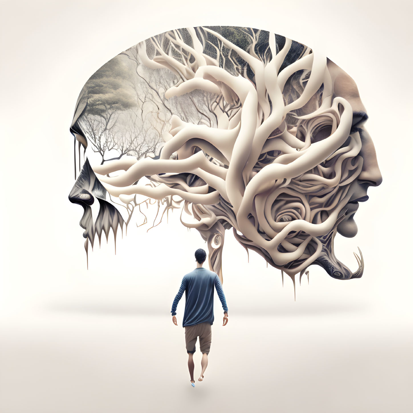 Man walking to brain-shaped tree with intricate roots