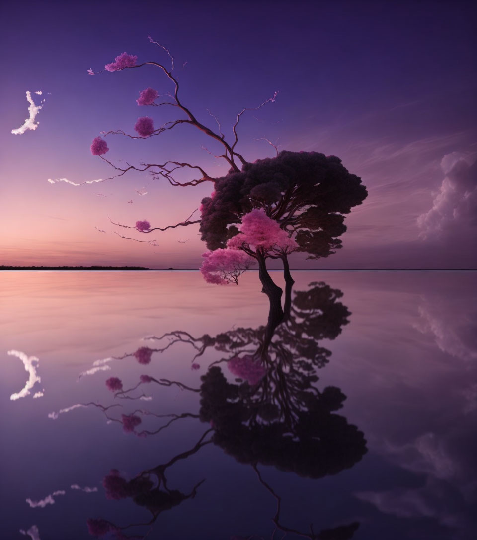 Solitary tree with pink foliage reflected in tranquil purple water at dusk