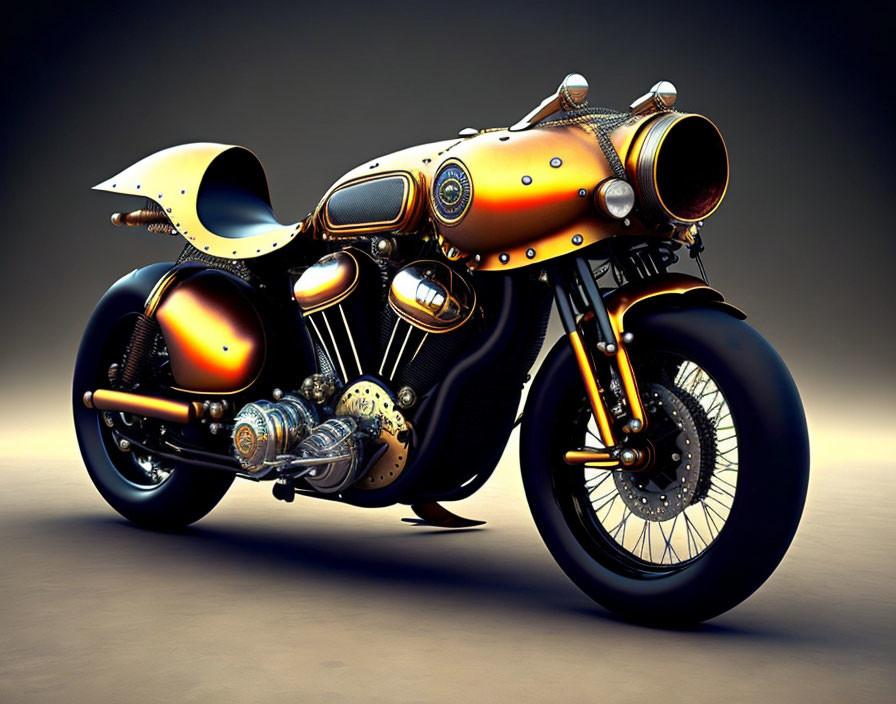 Copper and Black Steampunk Motorcycle with Gears and Pipes