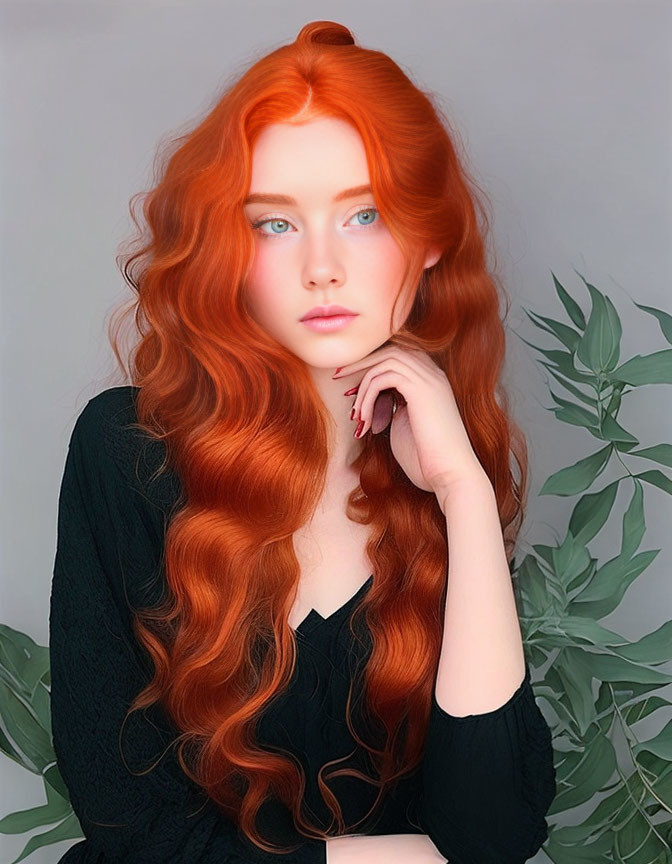 Vibrant red-haired woman poses against gray background with green foliage