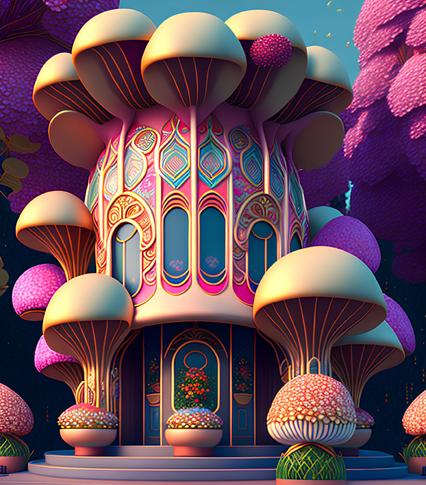 Vibrant fantasy mushroom house artwork under twilight sky