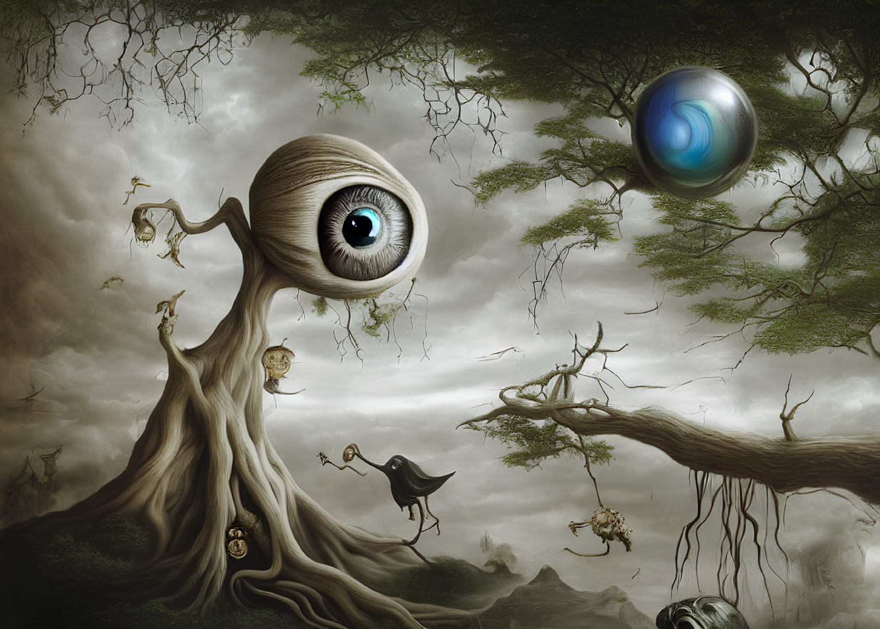 Surreal tree with eye canopy, floating blue orb, black bird, and whimsical branch figures