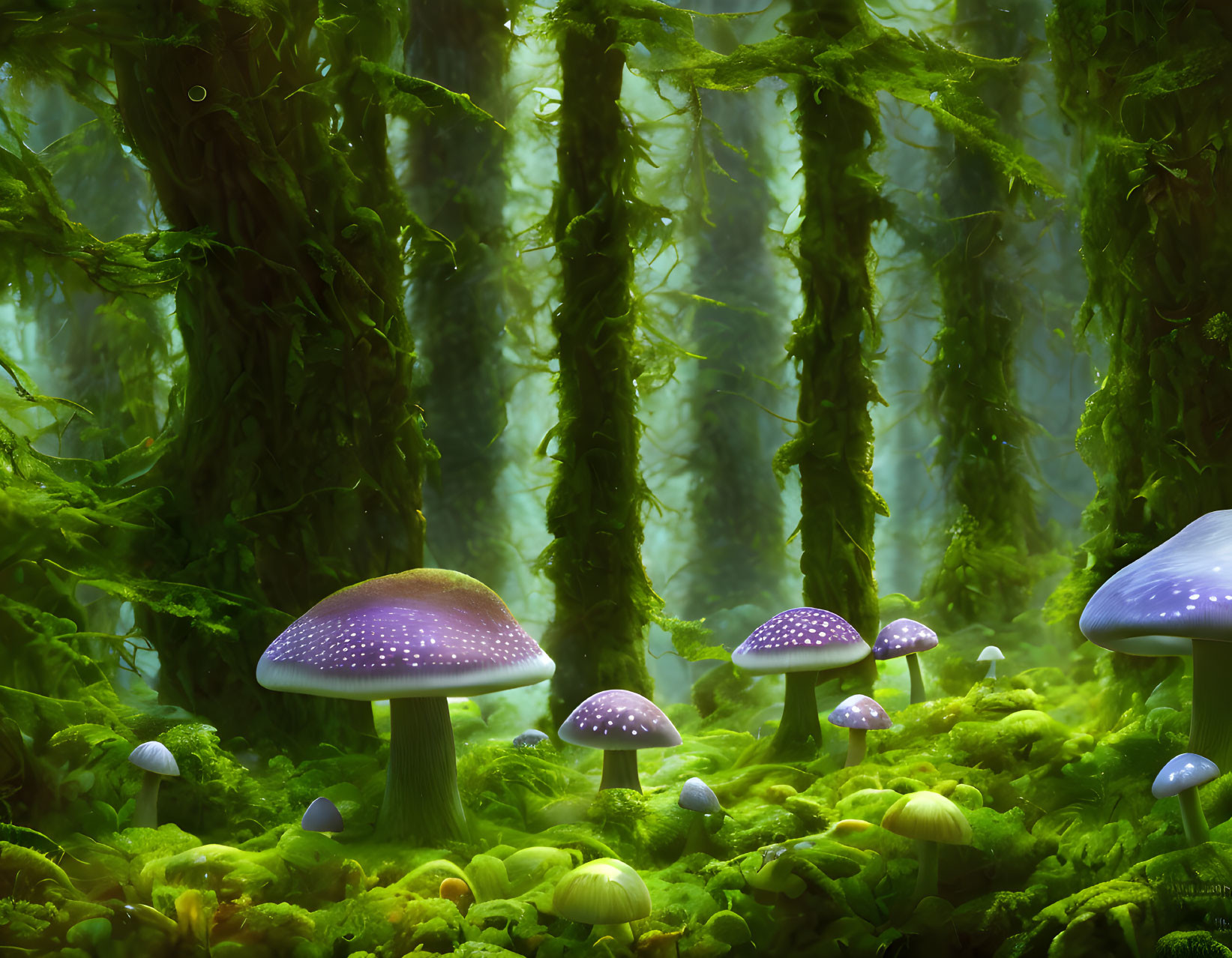 Enchanting forest scene with tall trees, moss, and glowing mushrooms