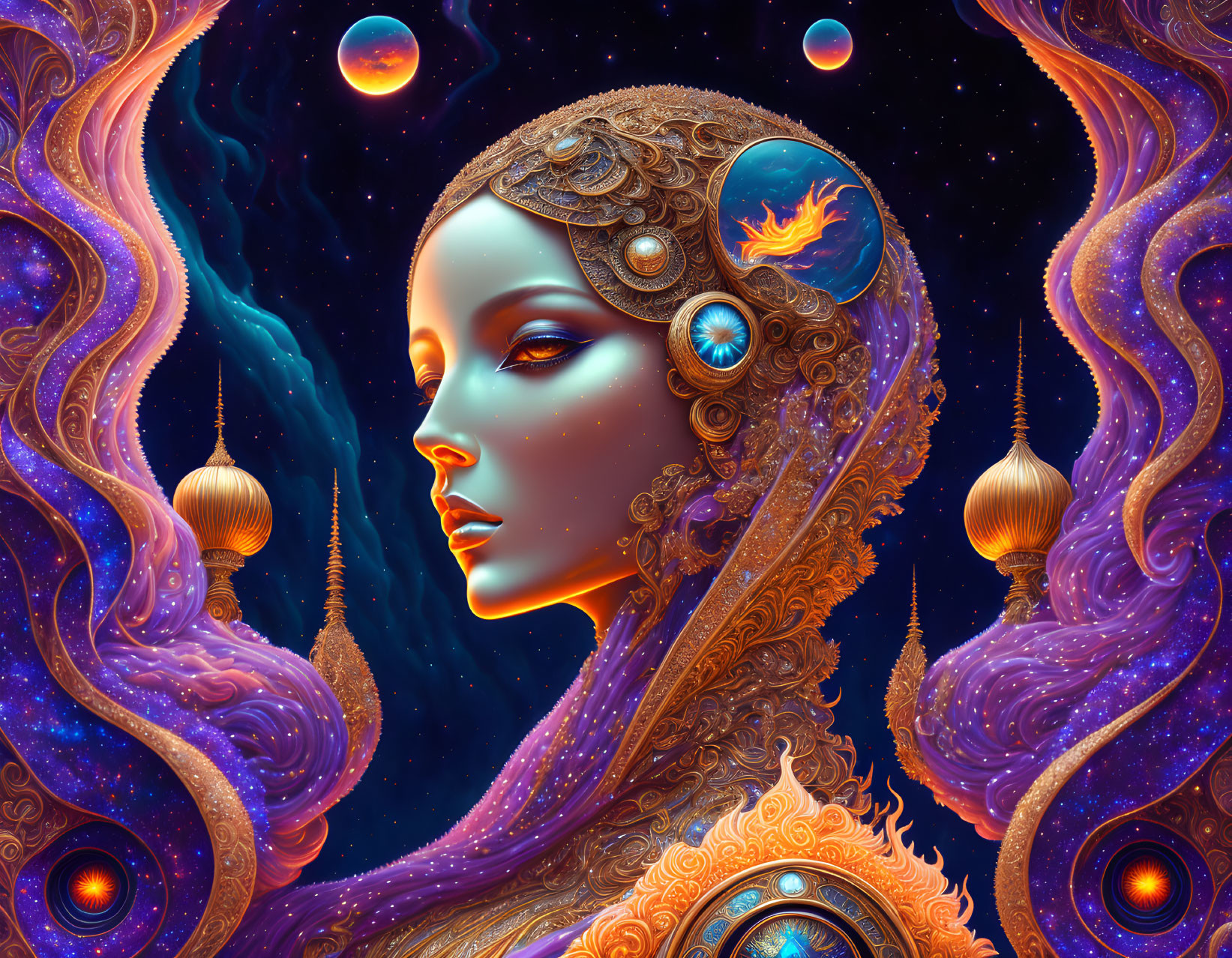 Colorful digital artwork featuring female figure with cosmic elements on starry background