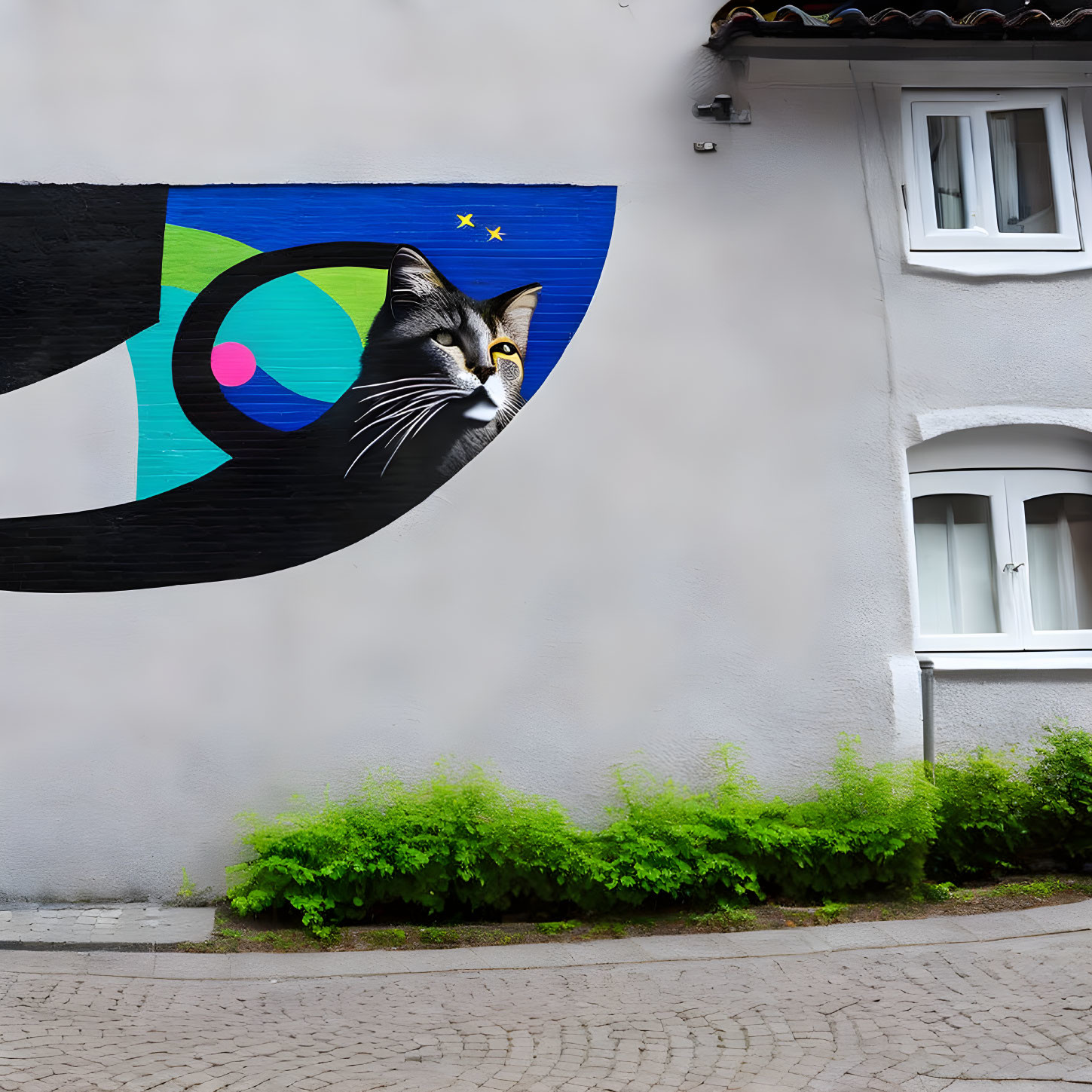 Colorful Stylized Cat Mural with Geometric Shapes and Realistic Eye