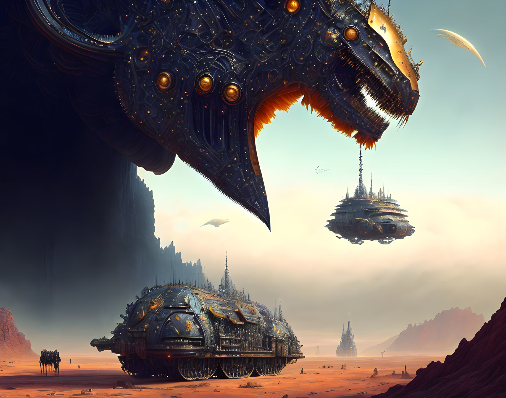 Ornate alien ships hover above futuristic desert landscape