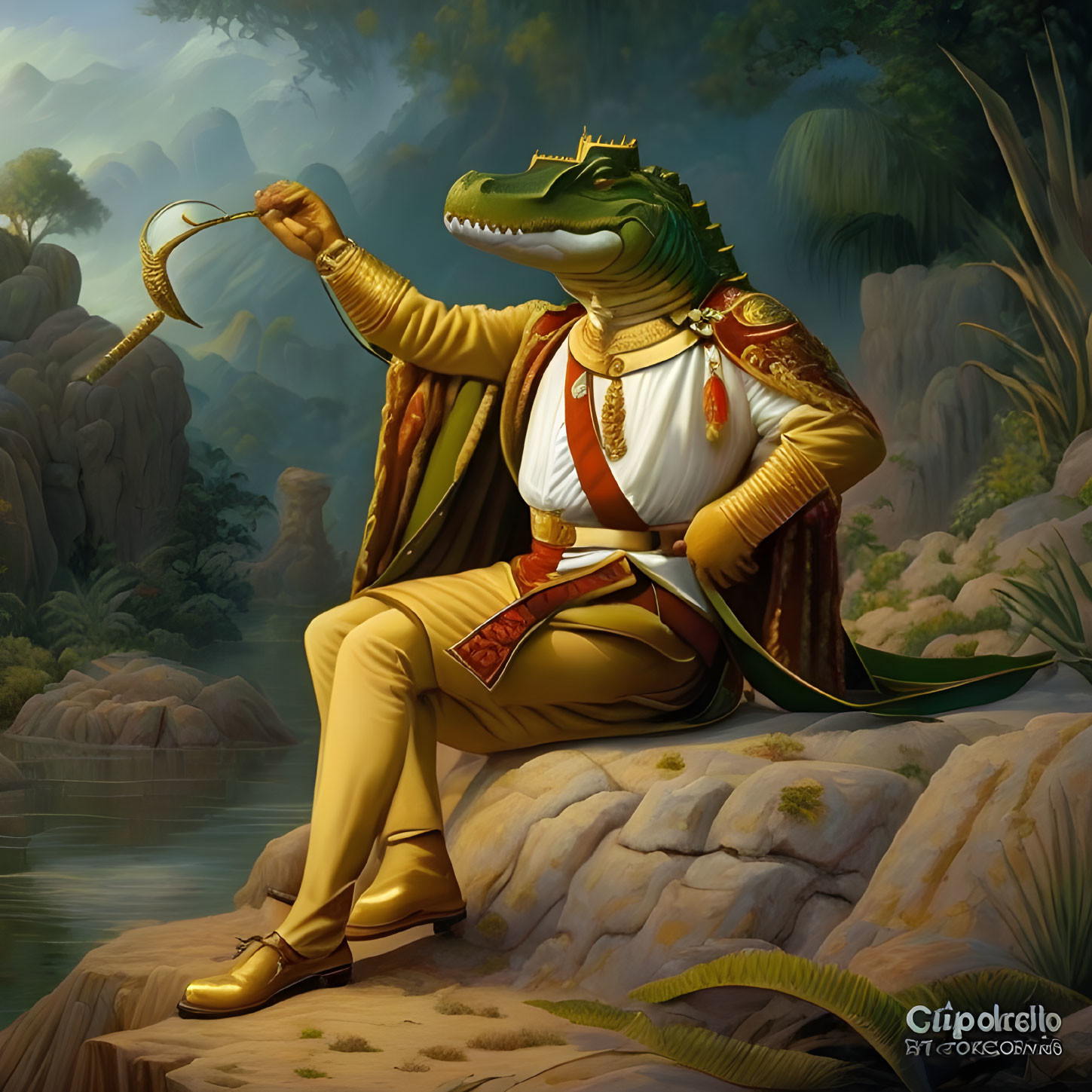 Elegant anthropomorphic alligator with monocle by serene river