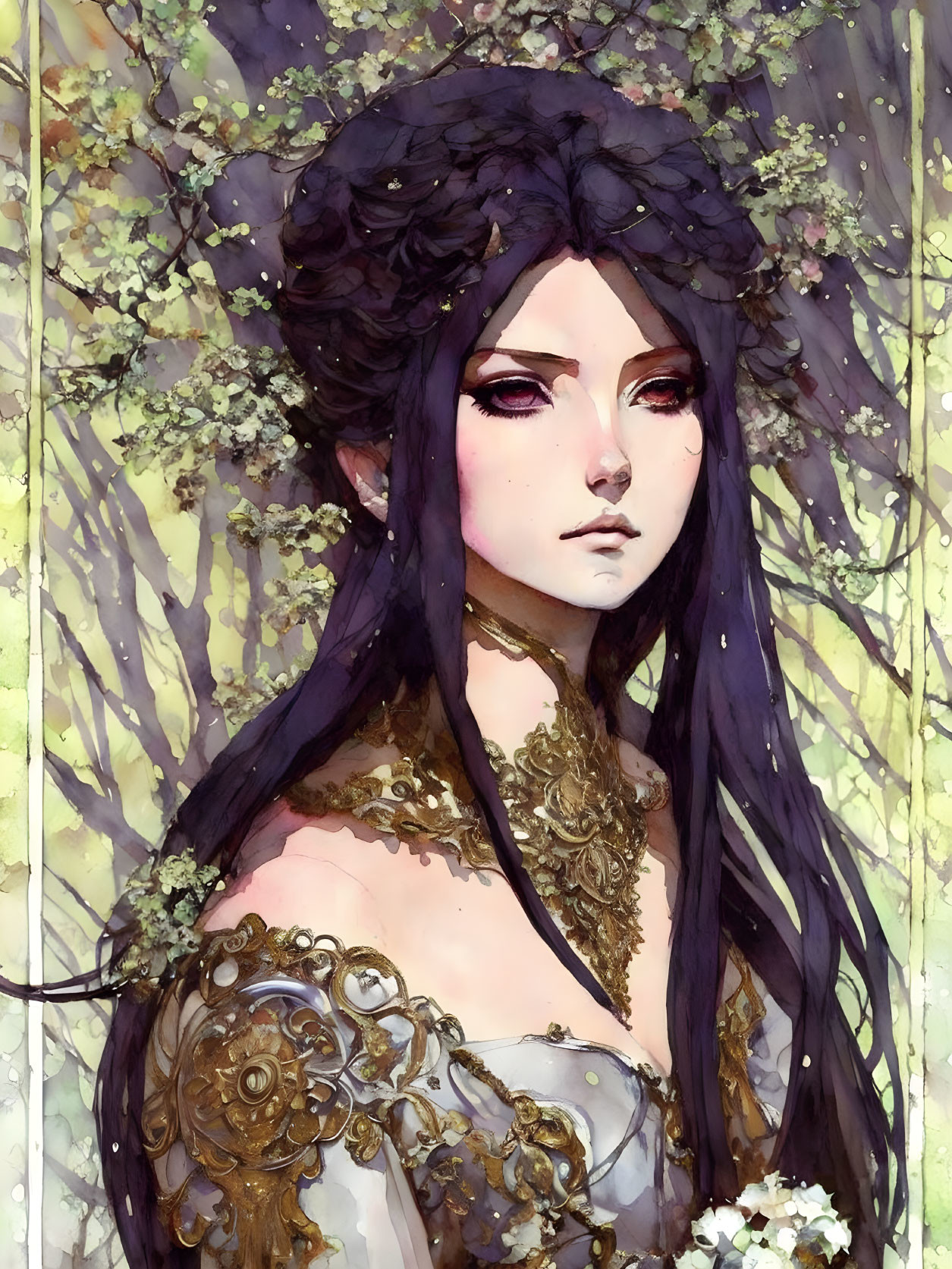 Illustrated woman with dark hair, violet eyes, gold garment, surrounded by blooms and vines