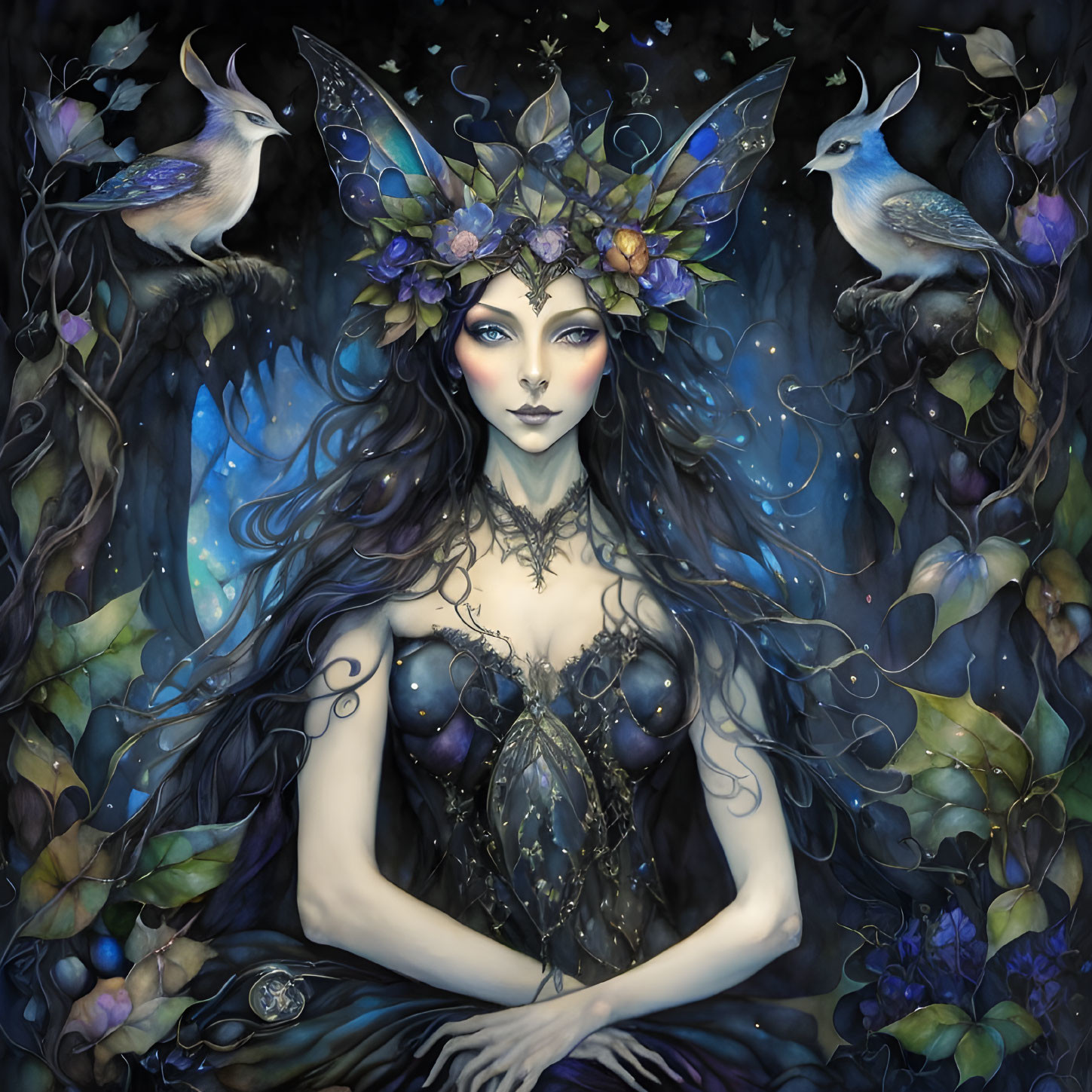 Mystical woman with floral crown and blue birds in starry setting